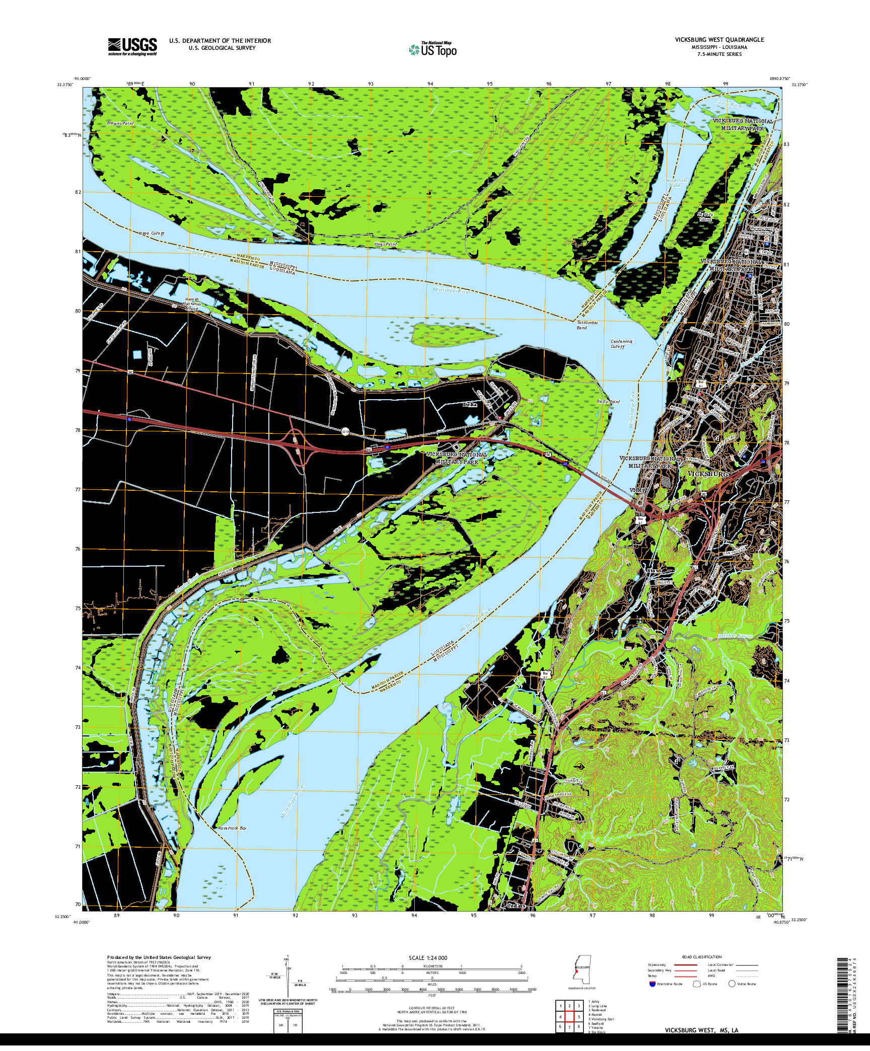 USGS US TOPO 7.5-MINUTE MAP FOR VICKSBURG WEST, MS,LA 2020