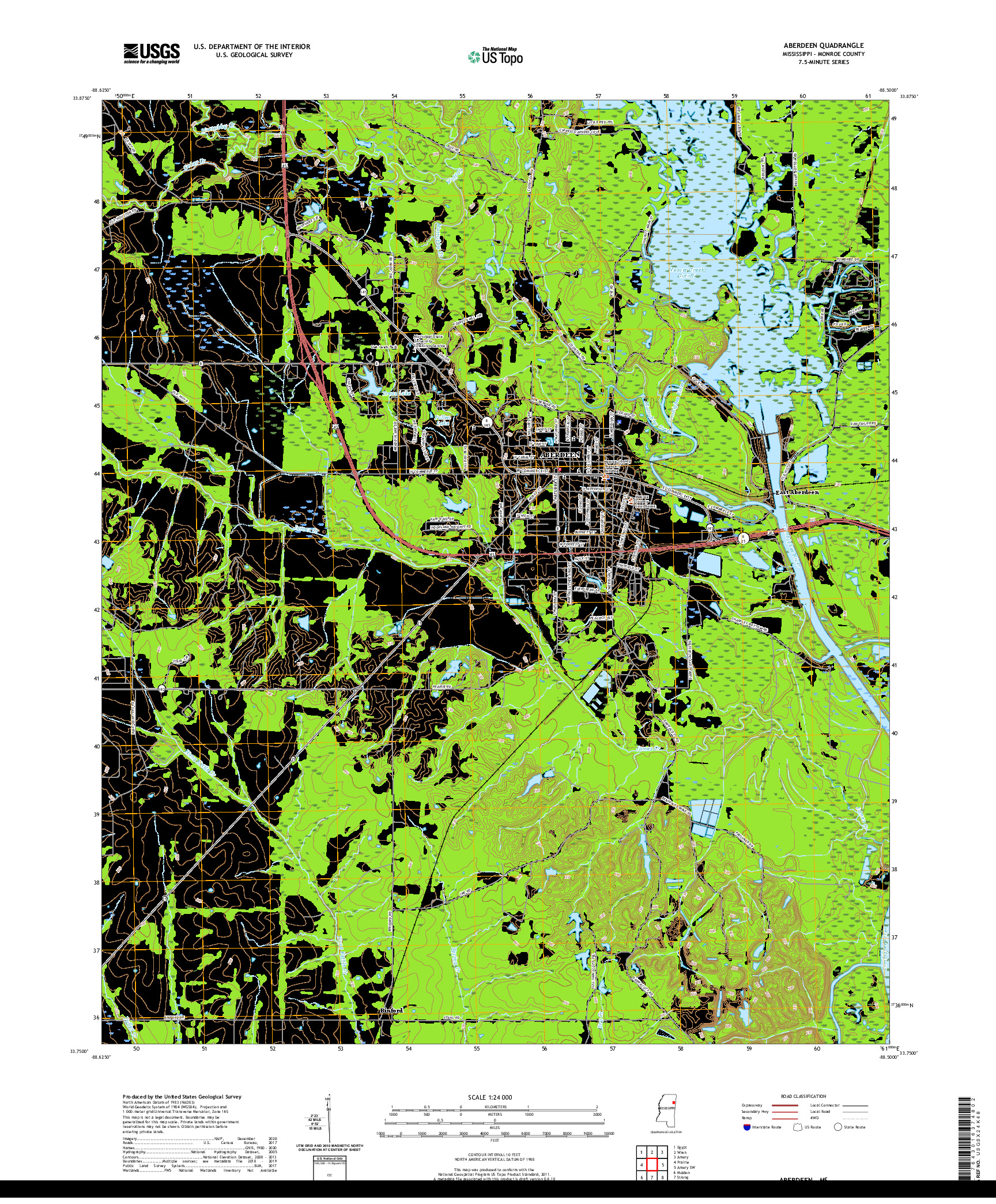 USGS US TOPO 7.5-MINUTE MAP FOR ABERDEEN, MS 2020