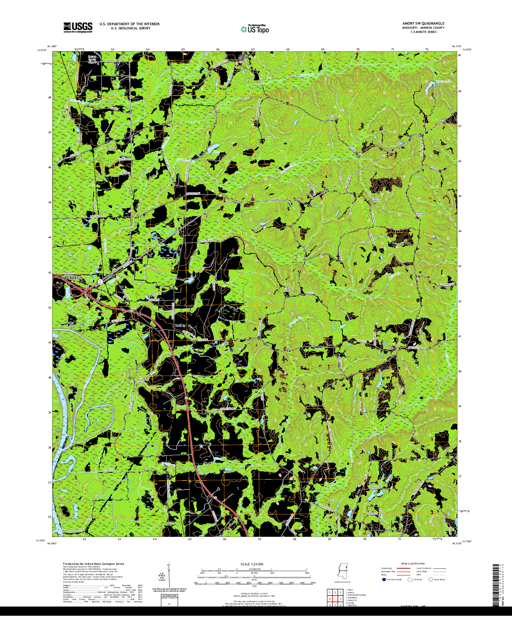 USGS US TOPO 7.5-MINUTE MAP FOR AMORY SW, MS 2020