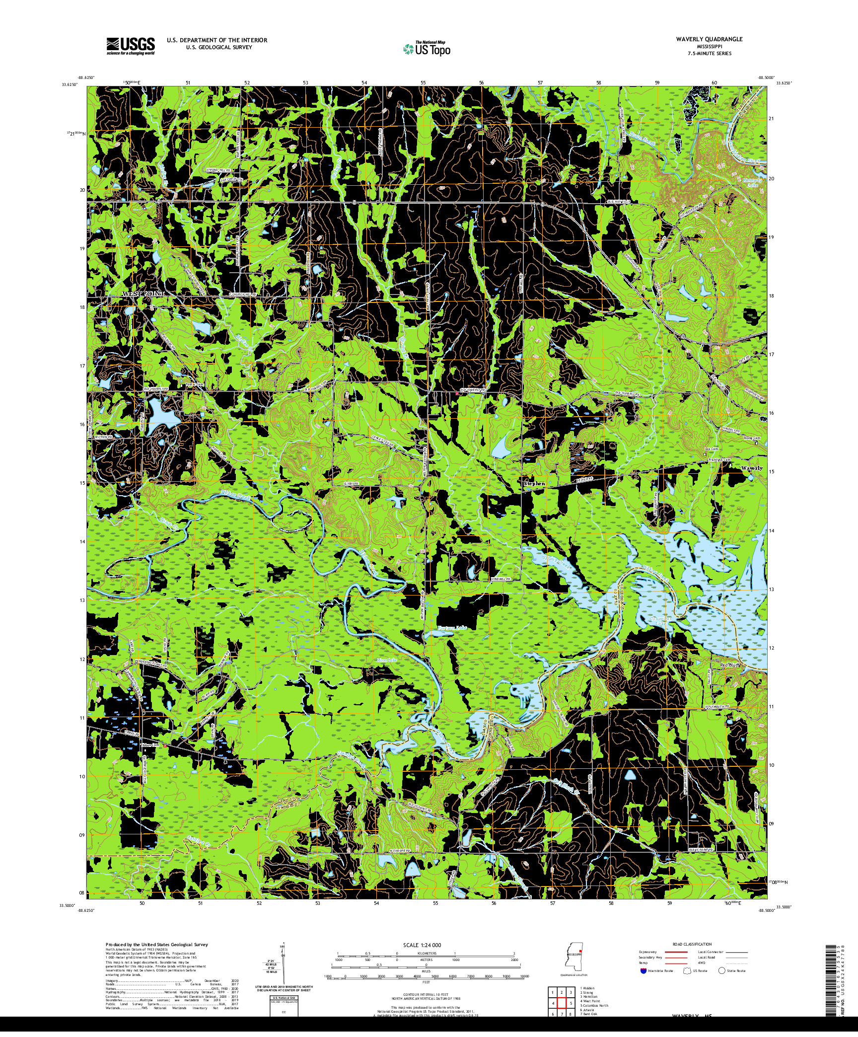 USGS US TOPO 7.5-MINUTE MAP FOR WAVERLY, MS 2020