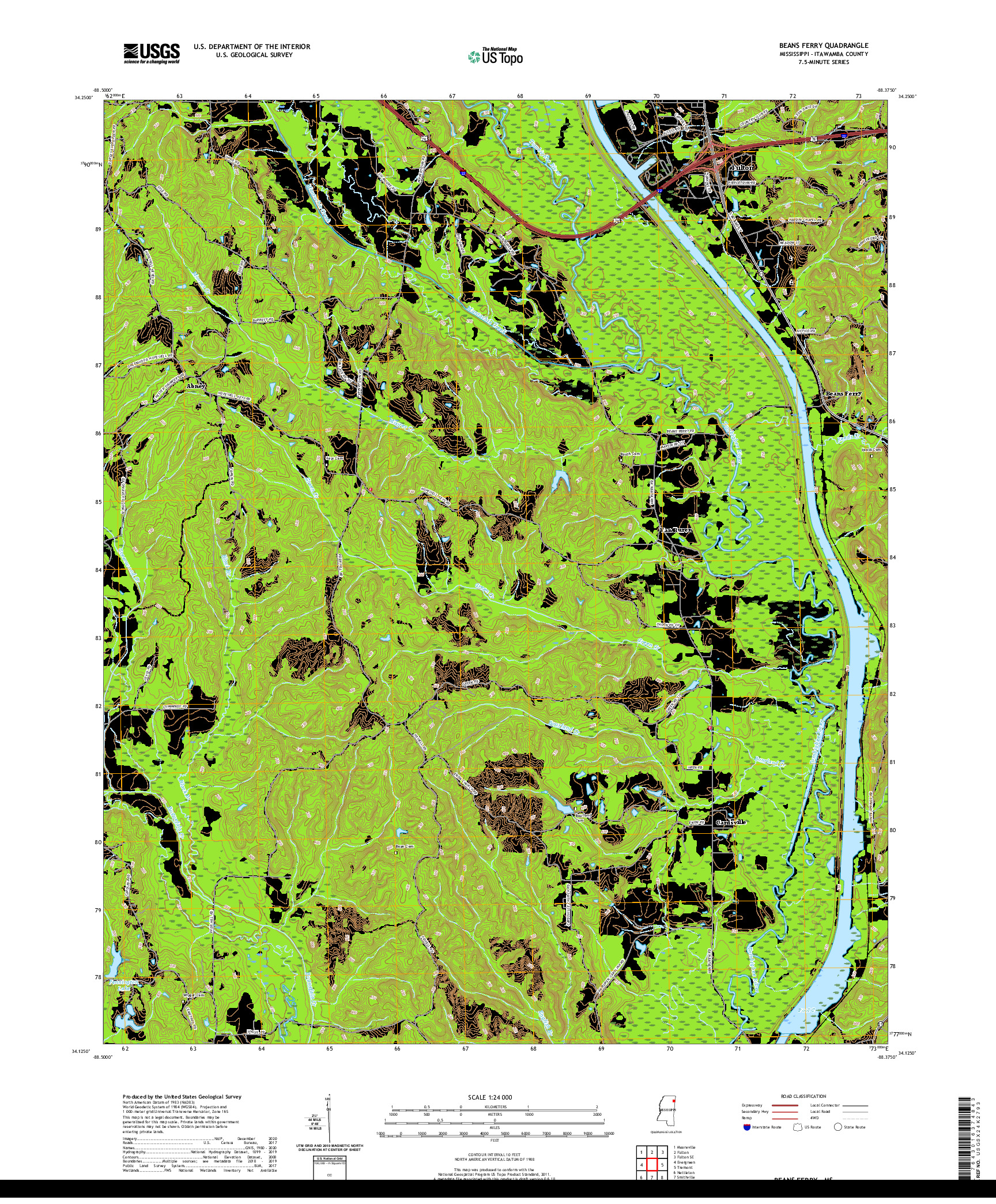 USGS US TOPO 7.5-MINUTE MAP FOR BEANS FERRY, MS 2020