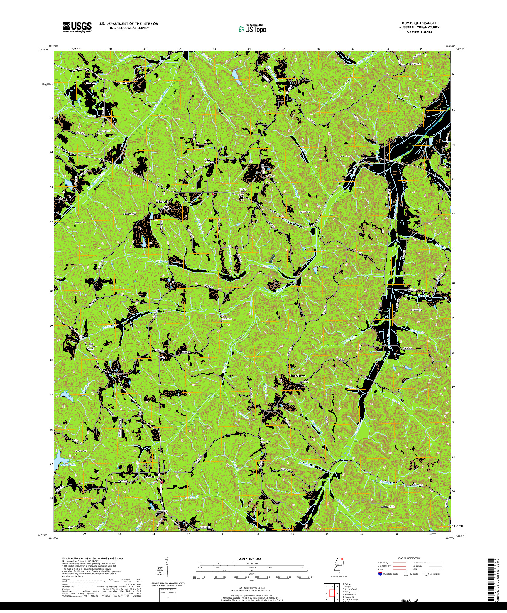 USGS US TOPO 7.5-MINUTE MAP FOR DUMAS, MS 2020