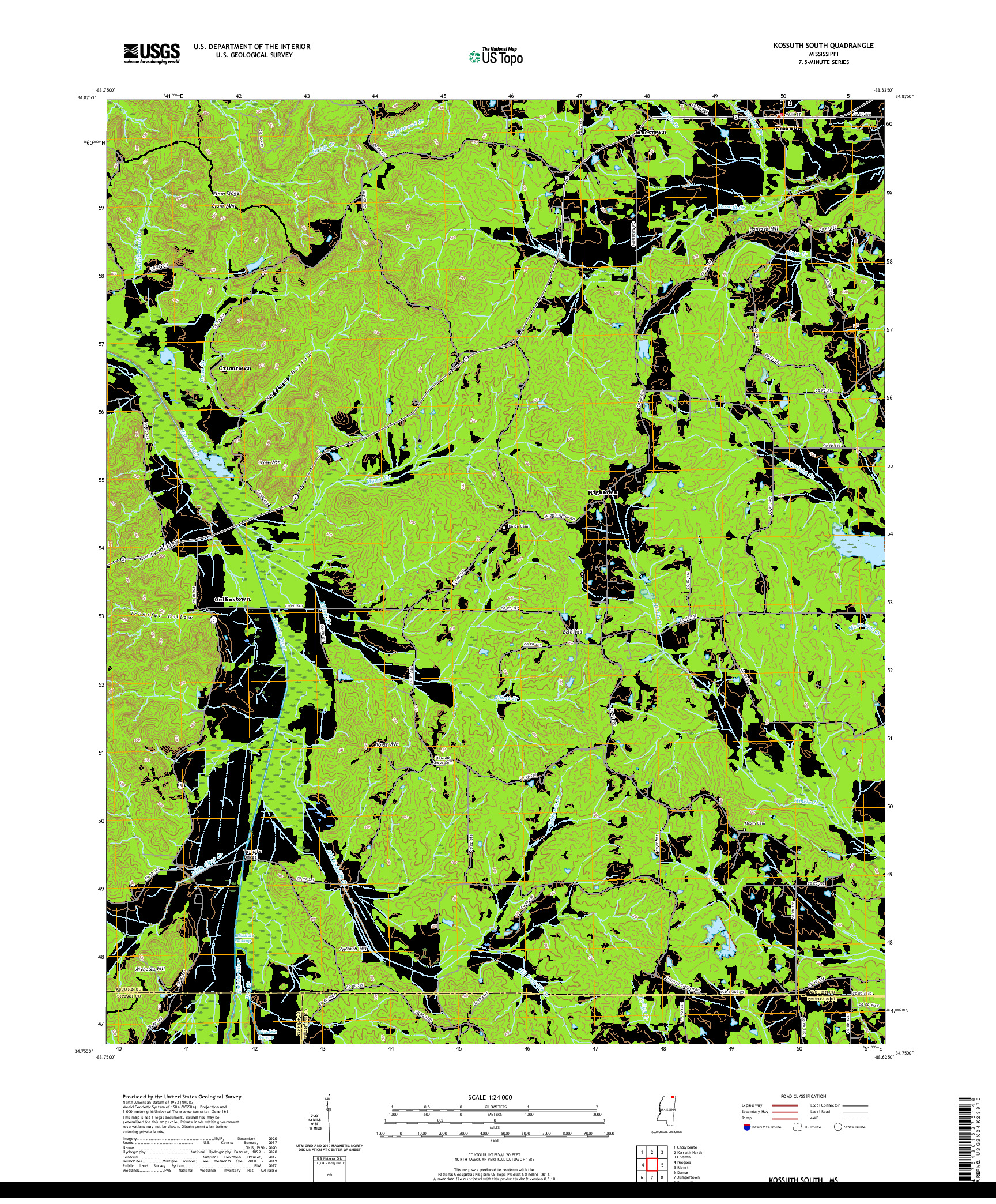USGS US TOPO 7.5-MINUTE MAP FOR KOSSUTH SOUTH, MS 2020