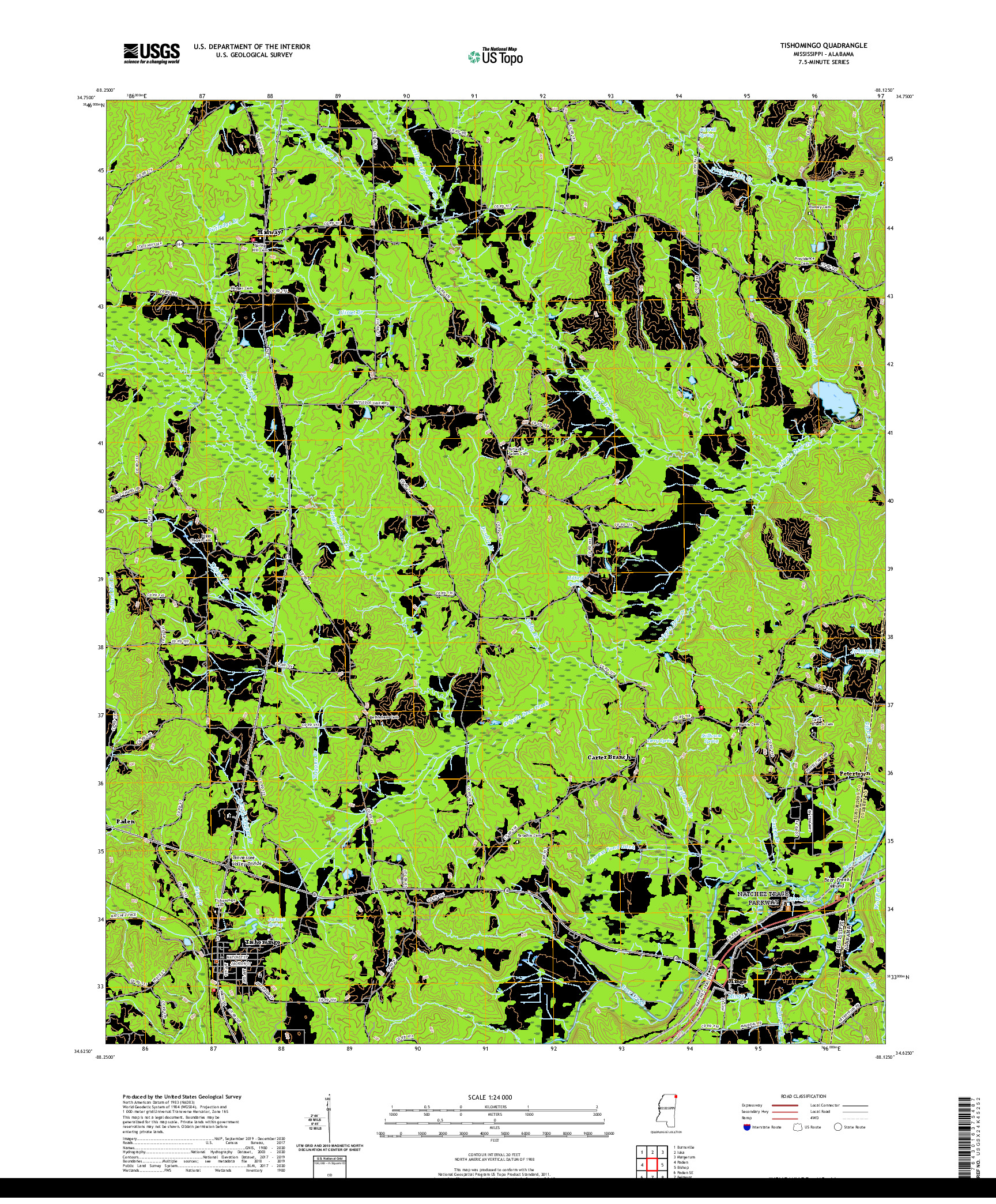 USGS US TOPO 7.5-MINUTE MAP FOR TISHOMINGO, MS,AL 2020