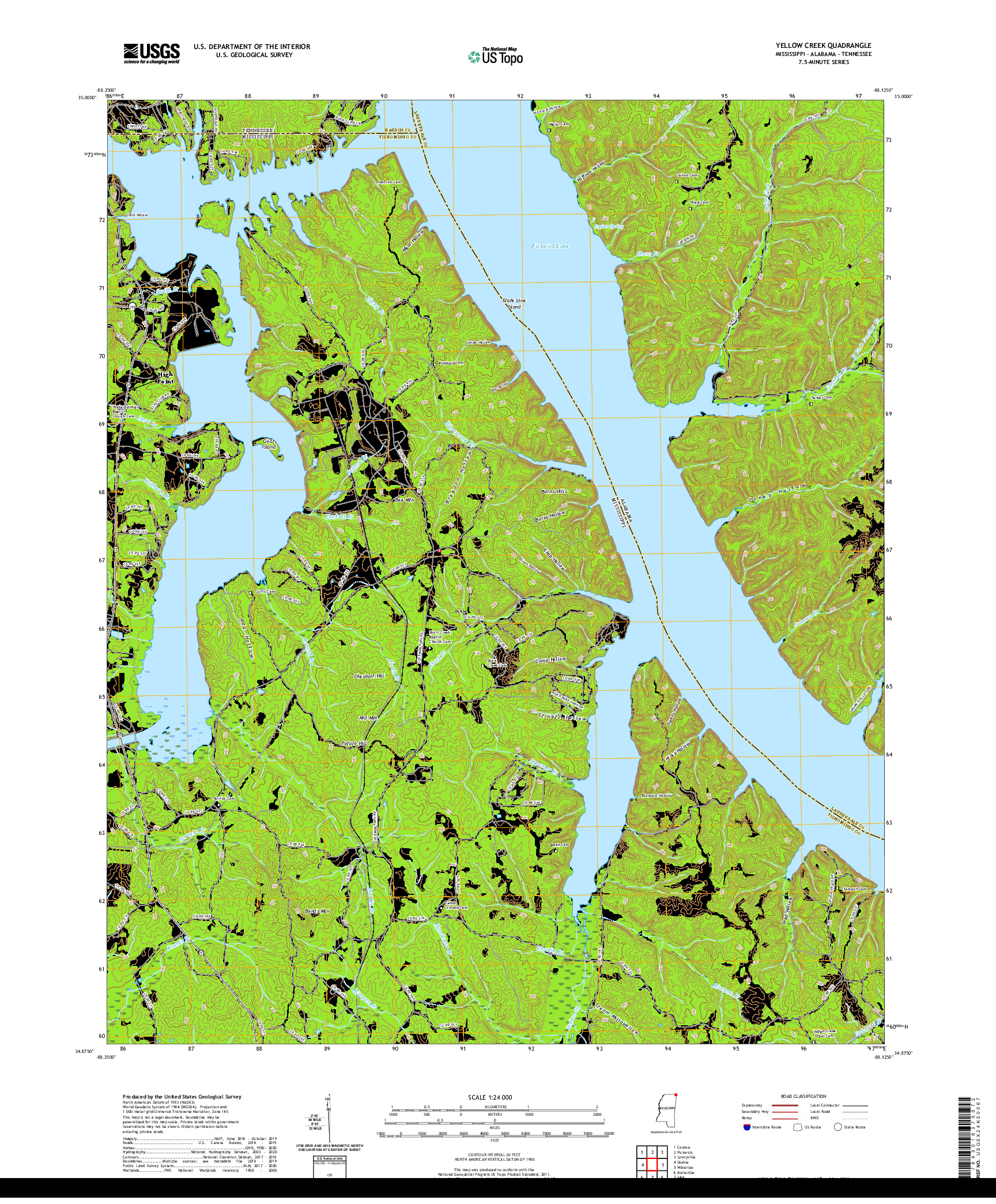 USGS US TOPO 7.5-MINUTE MAP FOR YELLOW CREEK, MS,AL,TN 2020