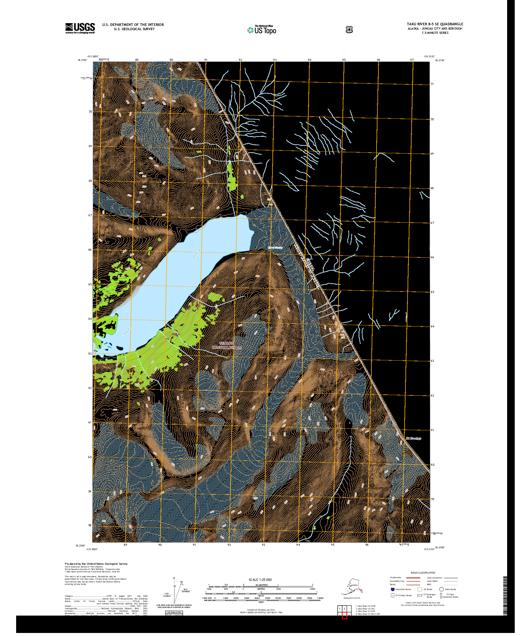 USGS US TOPO 7.5-MINUTE MAP FOR TAKU RIVER B-5 SE, AK,BC 2021