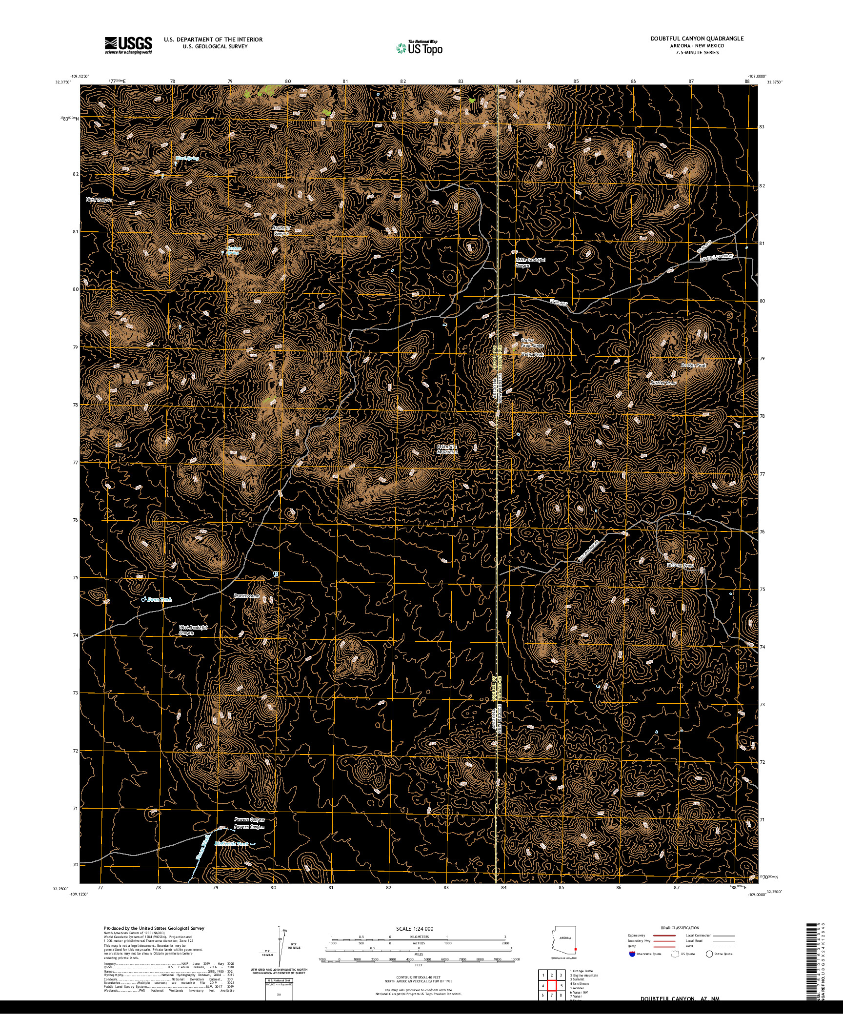 US TOPO 7.5-MINUTE MAP FOR DOUBTFUL CANYON, AZ,NM