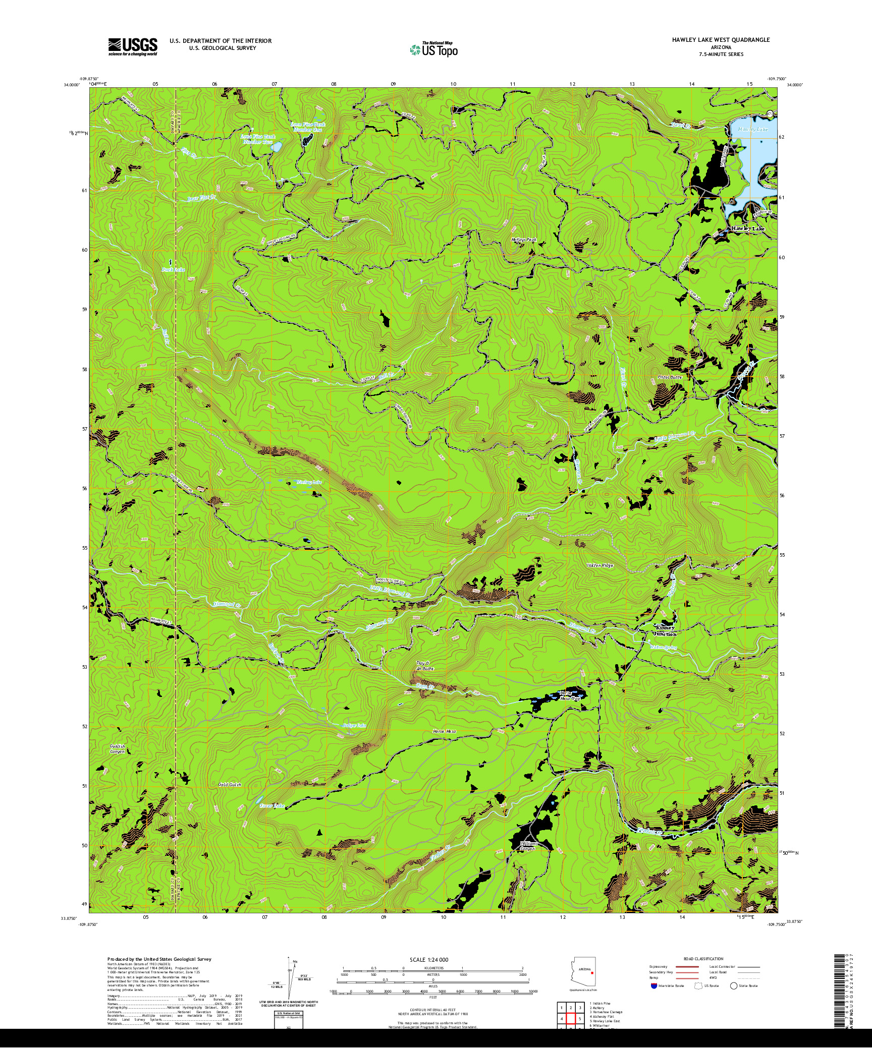 US TOPO 7.5-MINUTE MAP FOR HAWLEY LAKE WEST, AZ