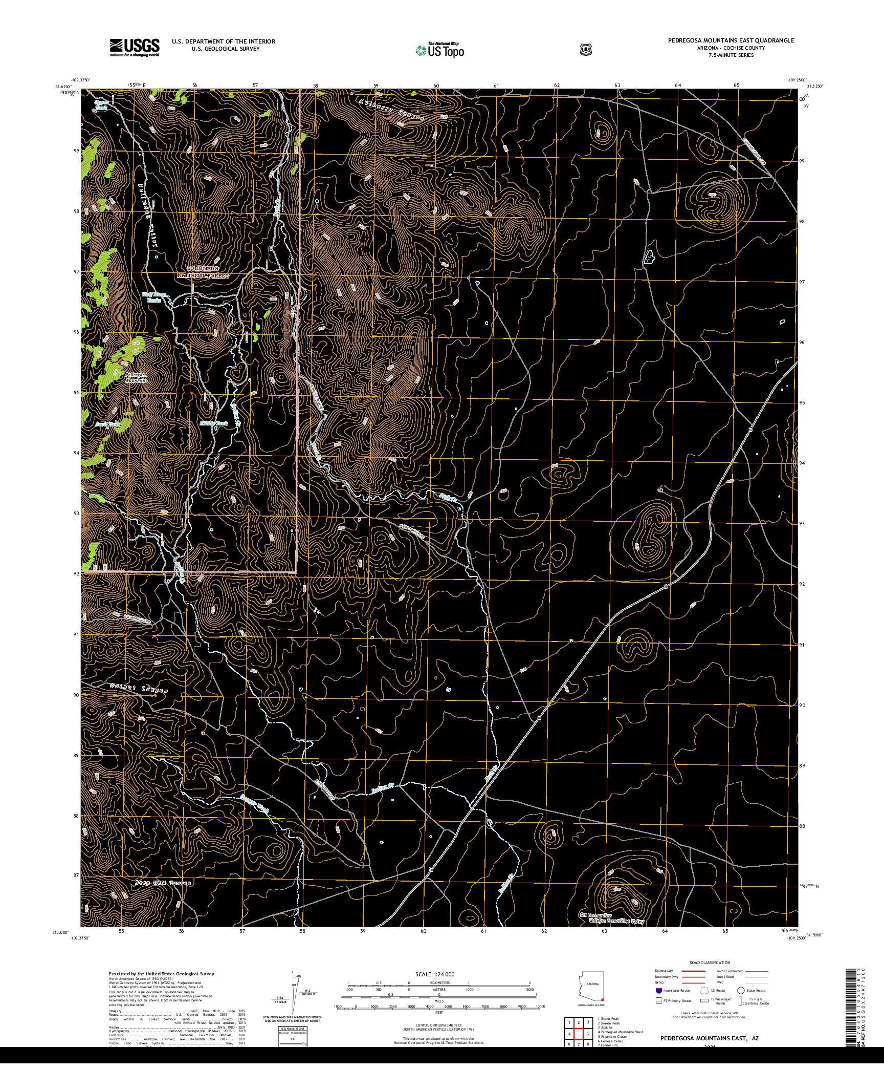 USGS US TOPO 7.5-MINUTE MAP FOR PEDREGOSA MOUNTAINS EAST, AZ 2021