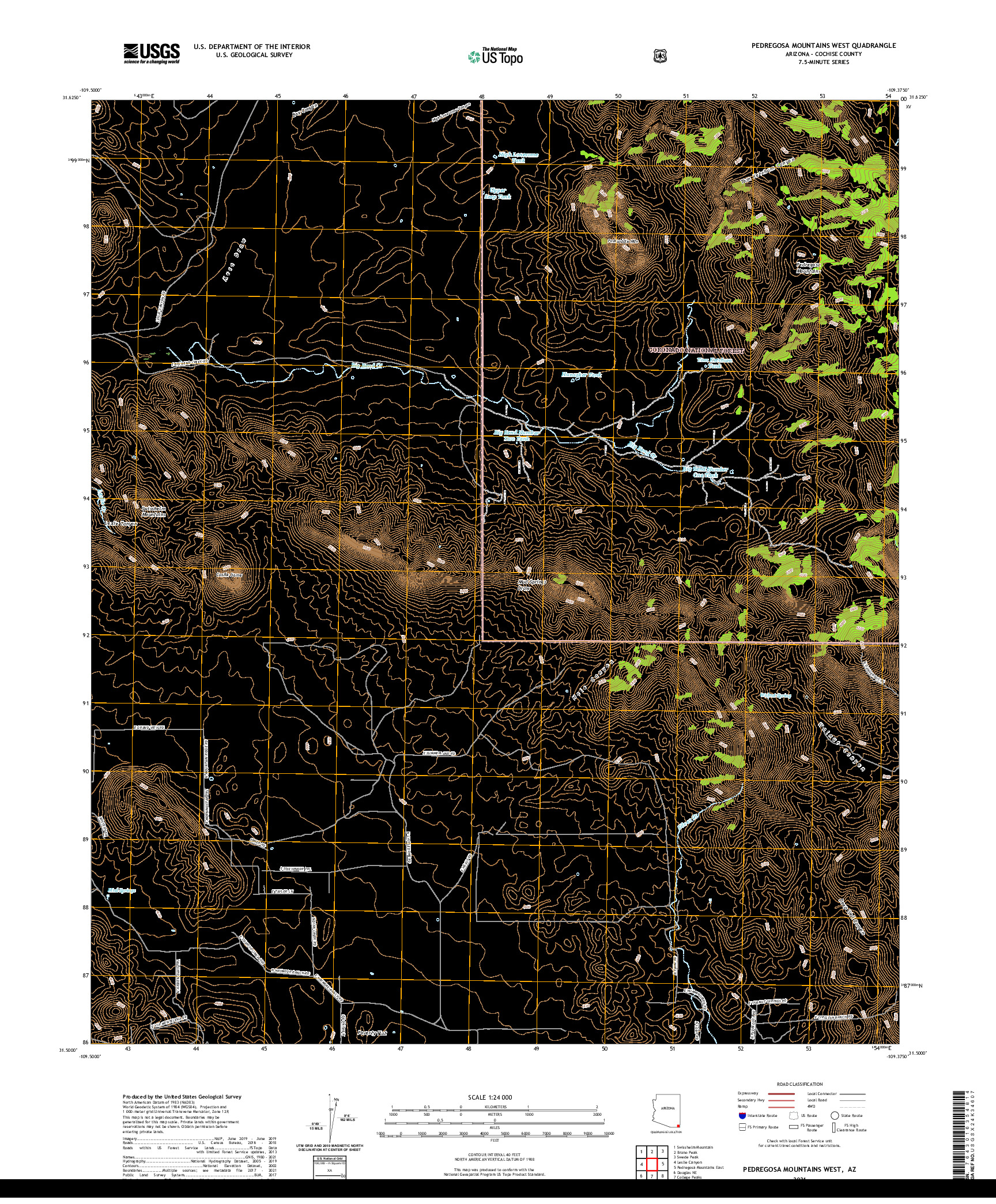 USGS US TOPO 7.5-MINUTE MAP FOR PEDREGOSA MOUNTAINS WEST, AZ 2021