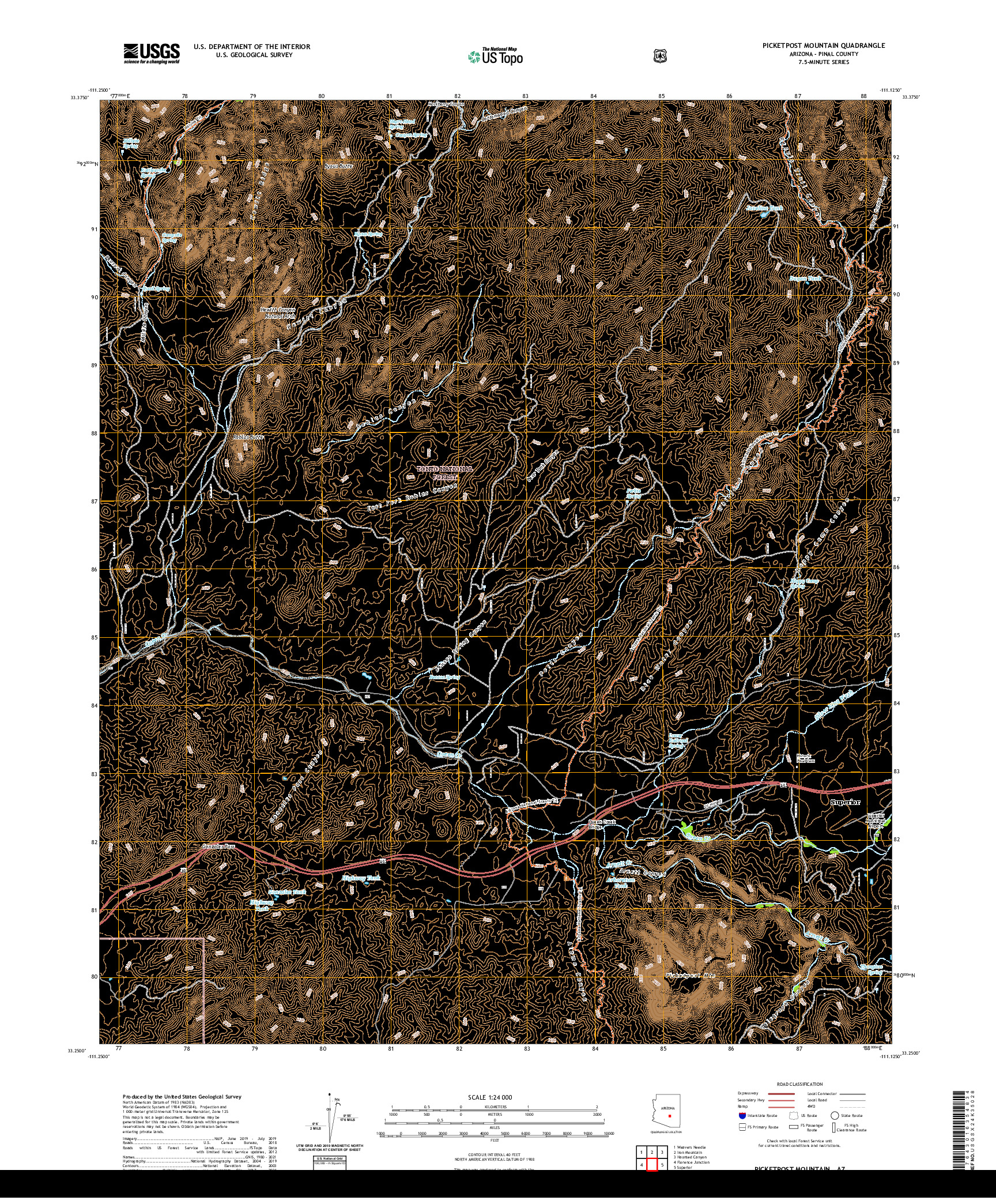 US TOPO 7.5-MINUTE MAP FOR PICKETPOST MOUNTAIN, AZ