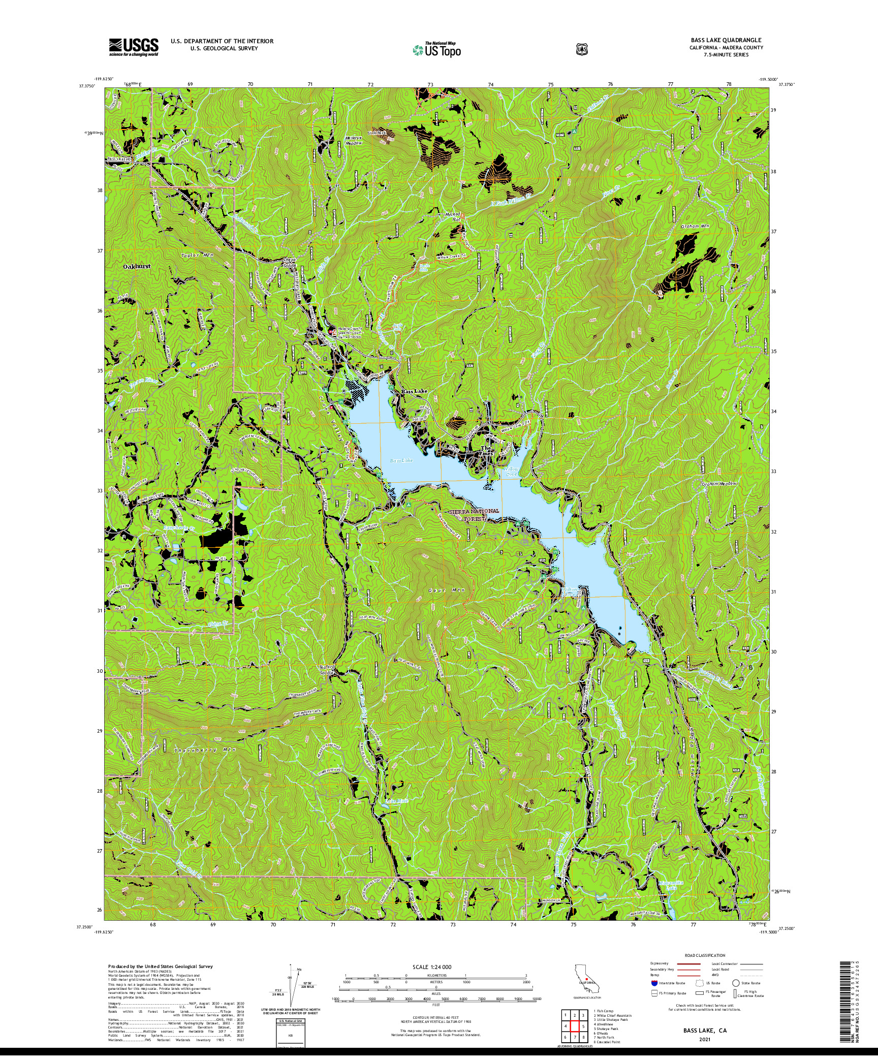 US TOPO 7.5-MINUTE MAP FOR BASS LAKE, CA