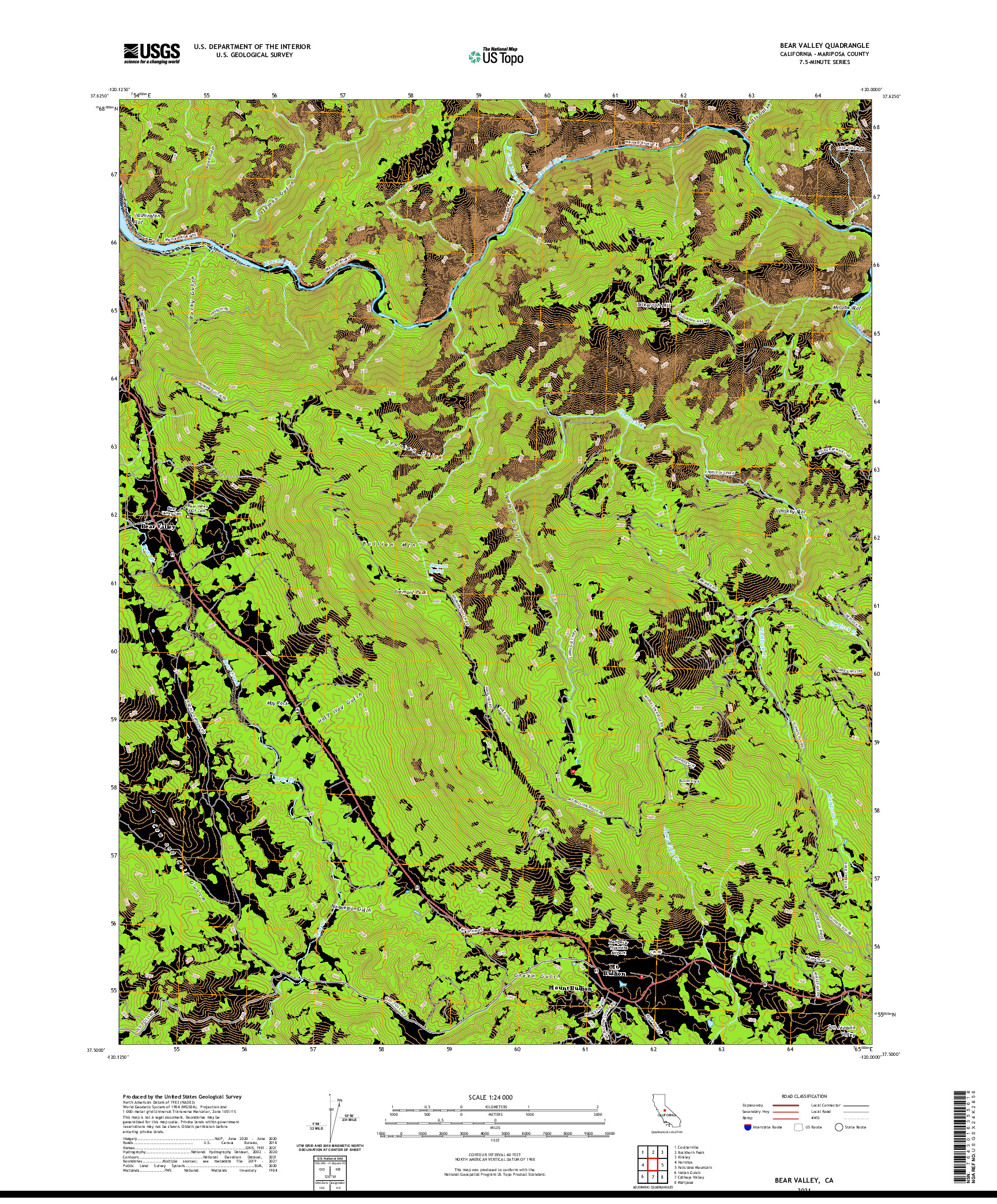 US TOPO 7.5-MINUTE MAP FOR BEAR VALLEY, CA