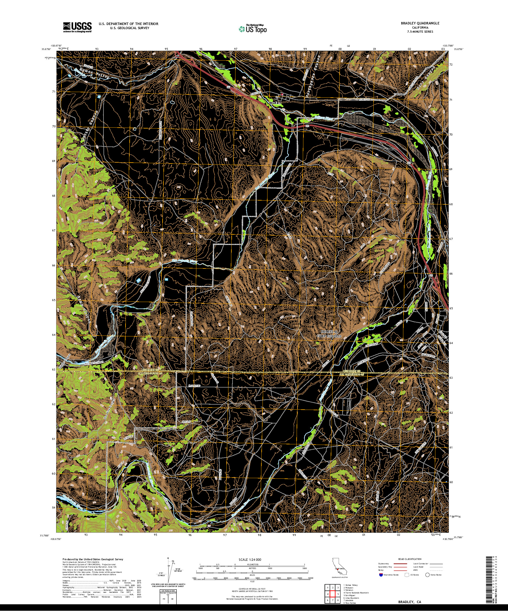 US TOPO 7.5-MINUTE MAP FOR BRADLEY, CA