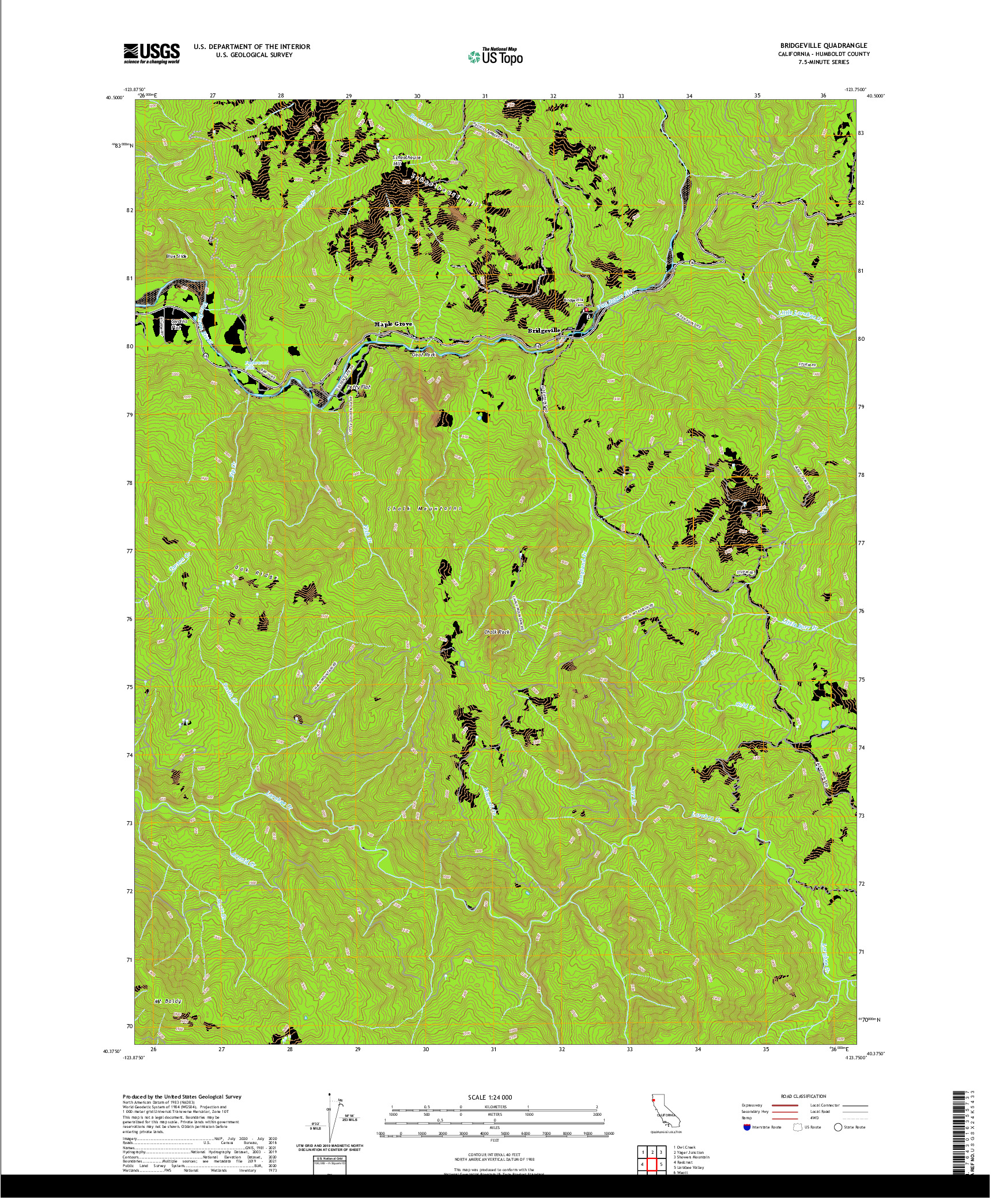 US TOPO 7.5-MINUTE MAP FOR BRIDGEVILLE, CA