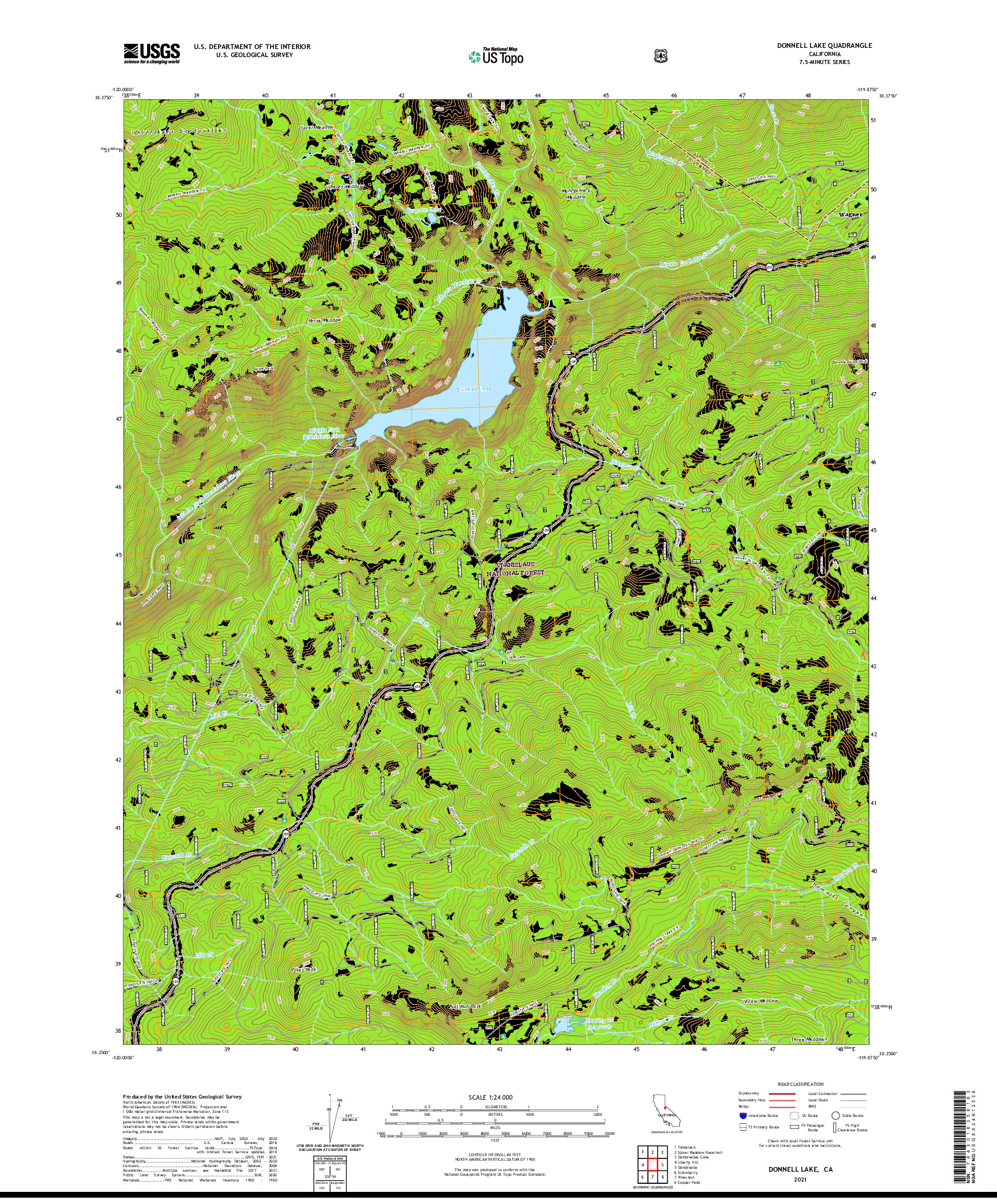 US TOPO 7.5-MINUTE MAP FOR DONNELL LAKE, CA