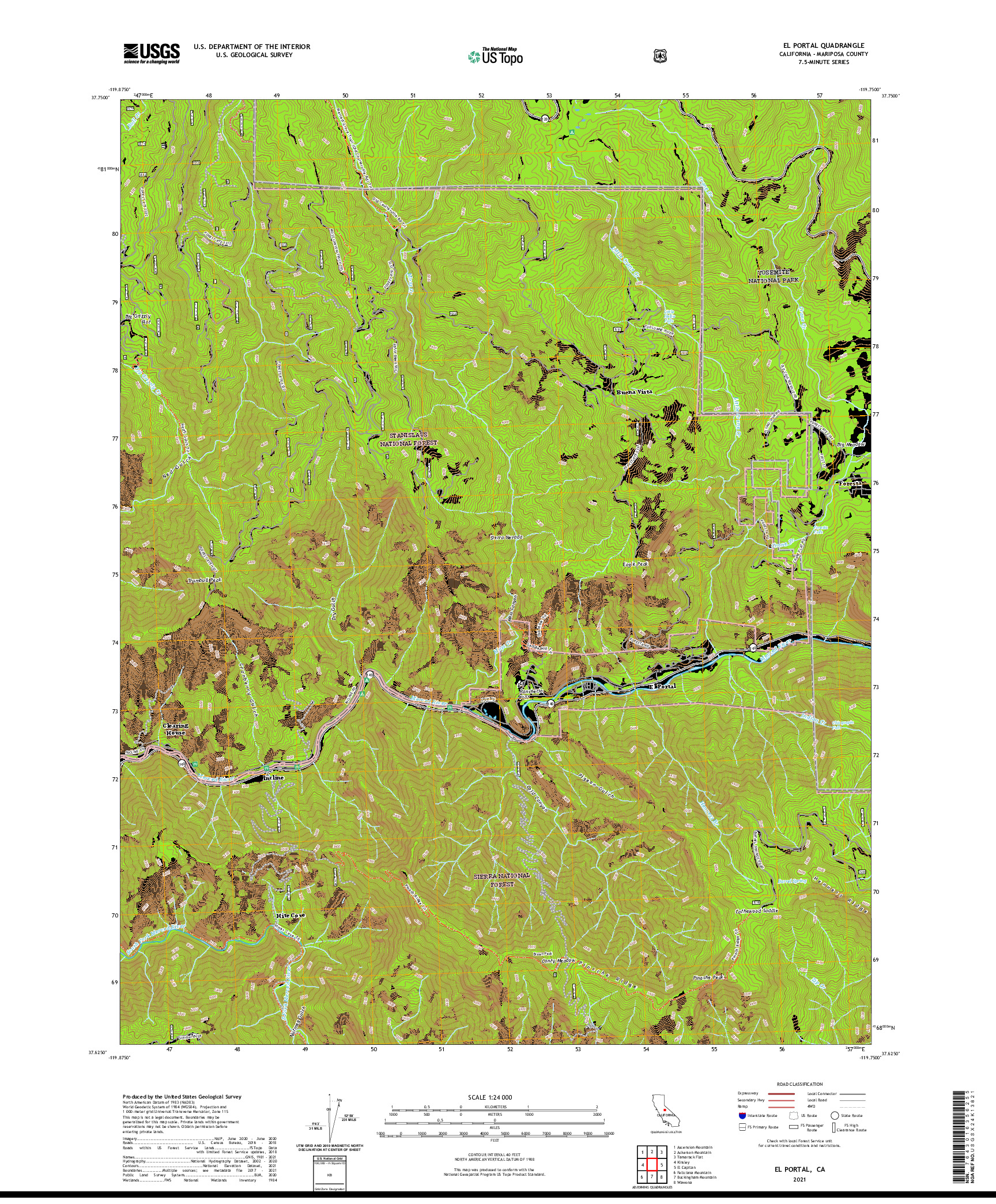 US TOPO 7.5-MINUTE MAP FOR EL PORTAL, CA