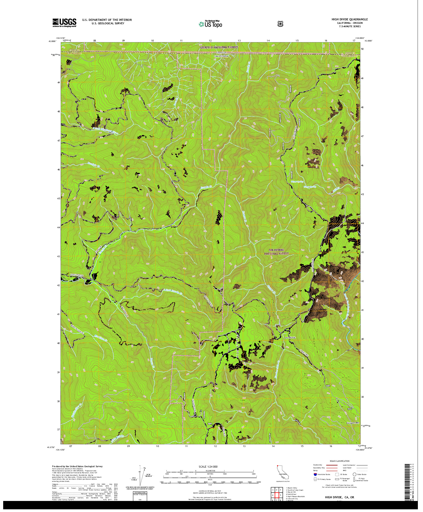 US TOPO 7.5-MINUTE MAP FOR HIGH DIVIDE, CA,OR