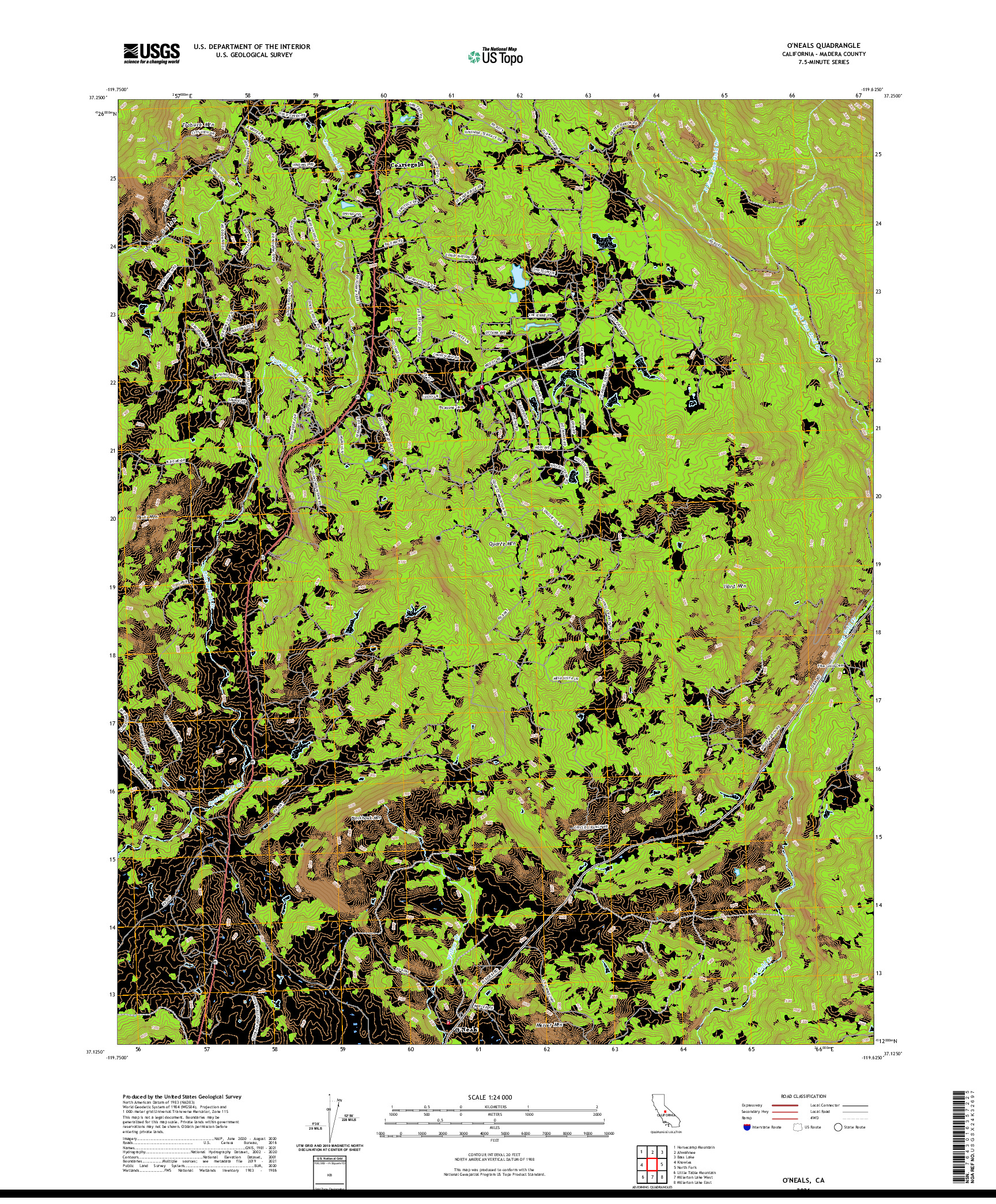 US TOPO 7.5-MINUTE MAP FOR O'NEALS, CA