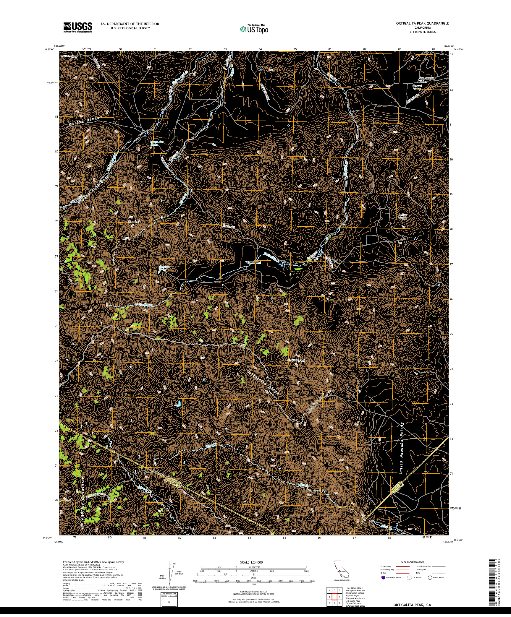 US TOPO 7.5-MINUTE MAP FOR ORTIGALITA PEAK, CA