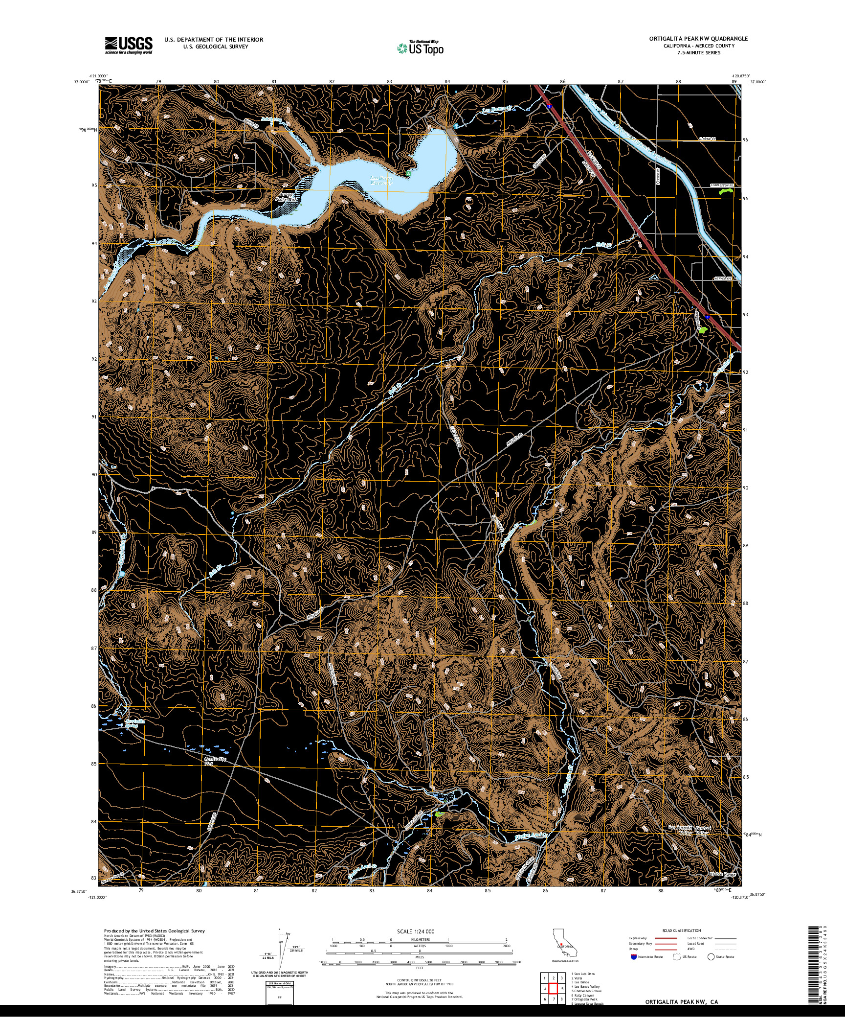 US TOPO 7.5-MINUTE MAP FOR ORTIGALITA PEAK NW, CA