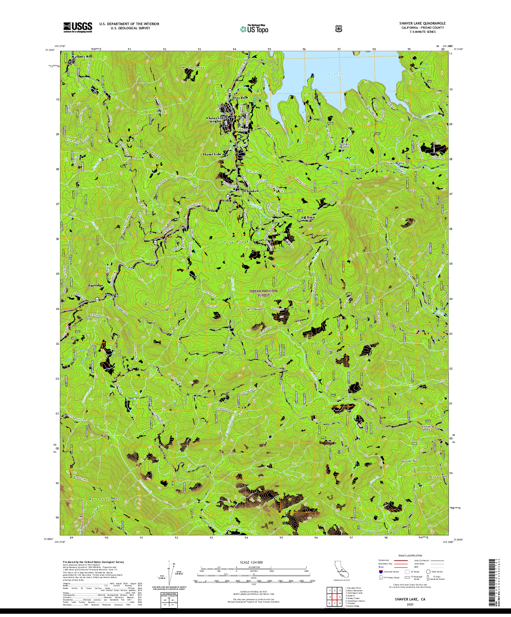 US TOPO 7.5-MINUTE MAP FOR SHAVER LAKE, CA