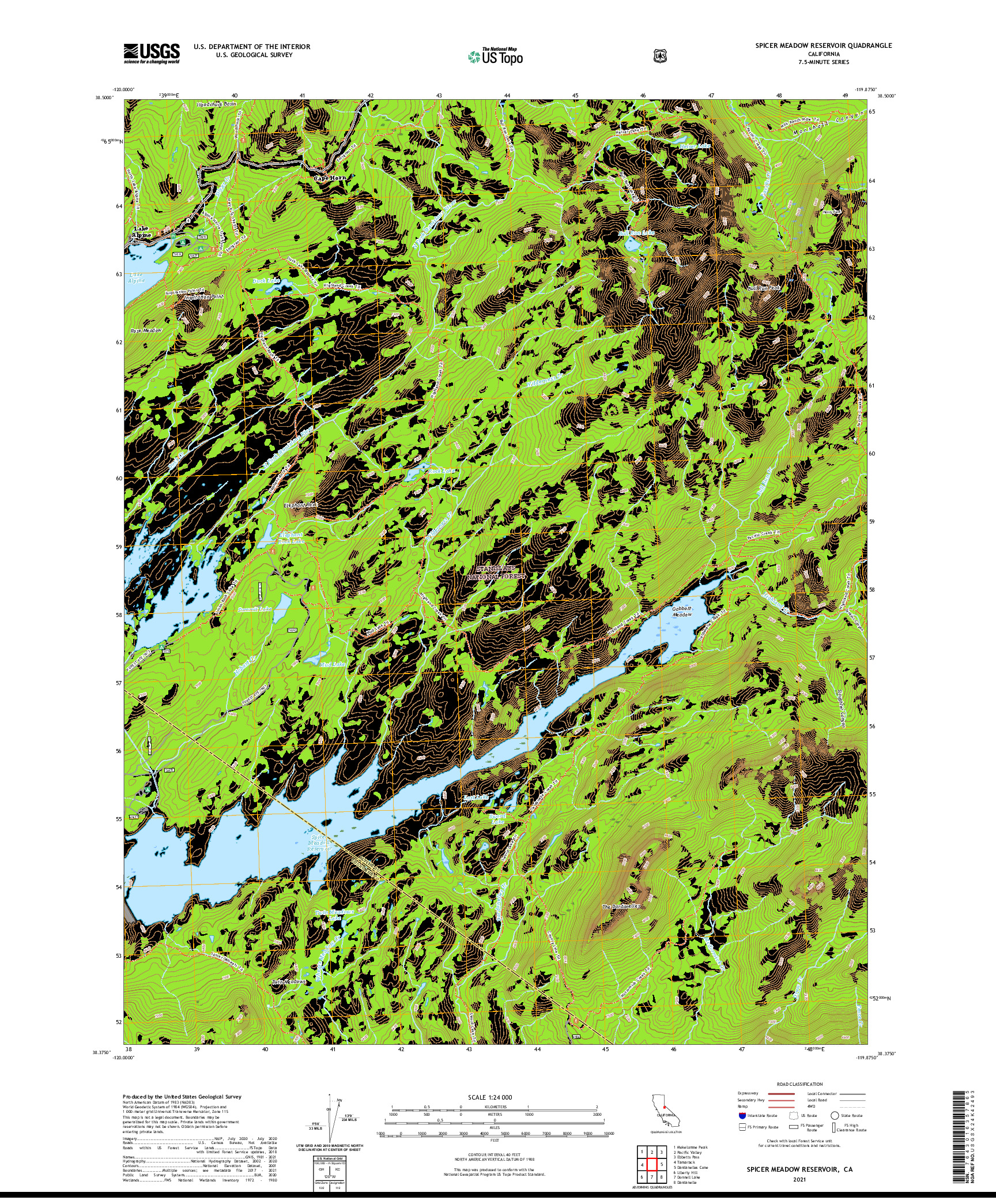 US TOPO 7.5-MINUTE MAP FOR SPICER MEADOW RESERVOIR, CA