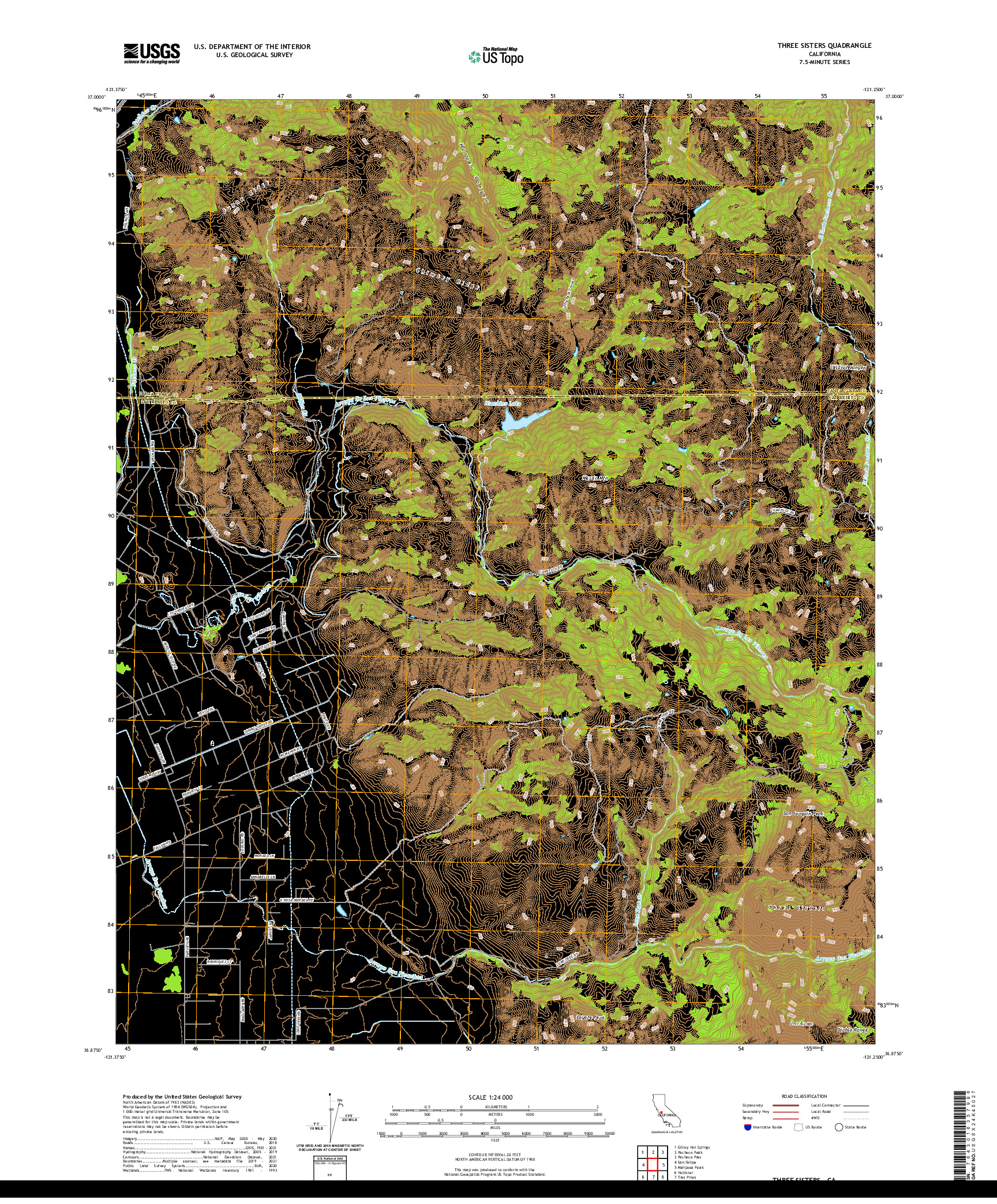 US TOPO 7.5-MINUTE MAP FOR THREE SISTERS, CA