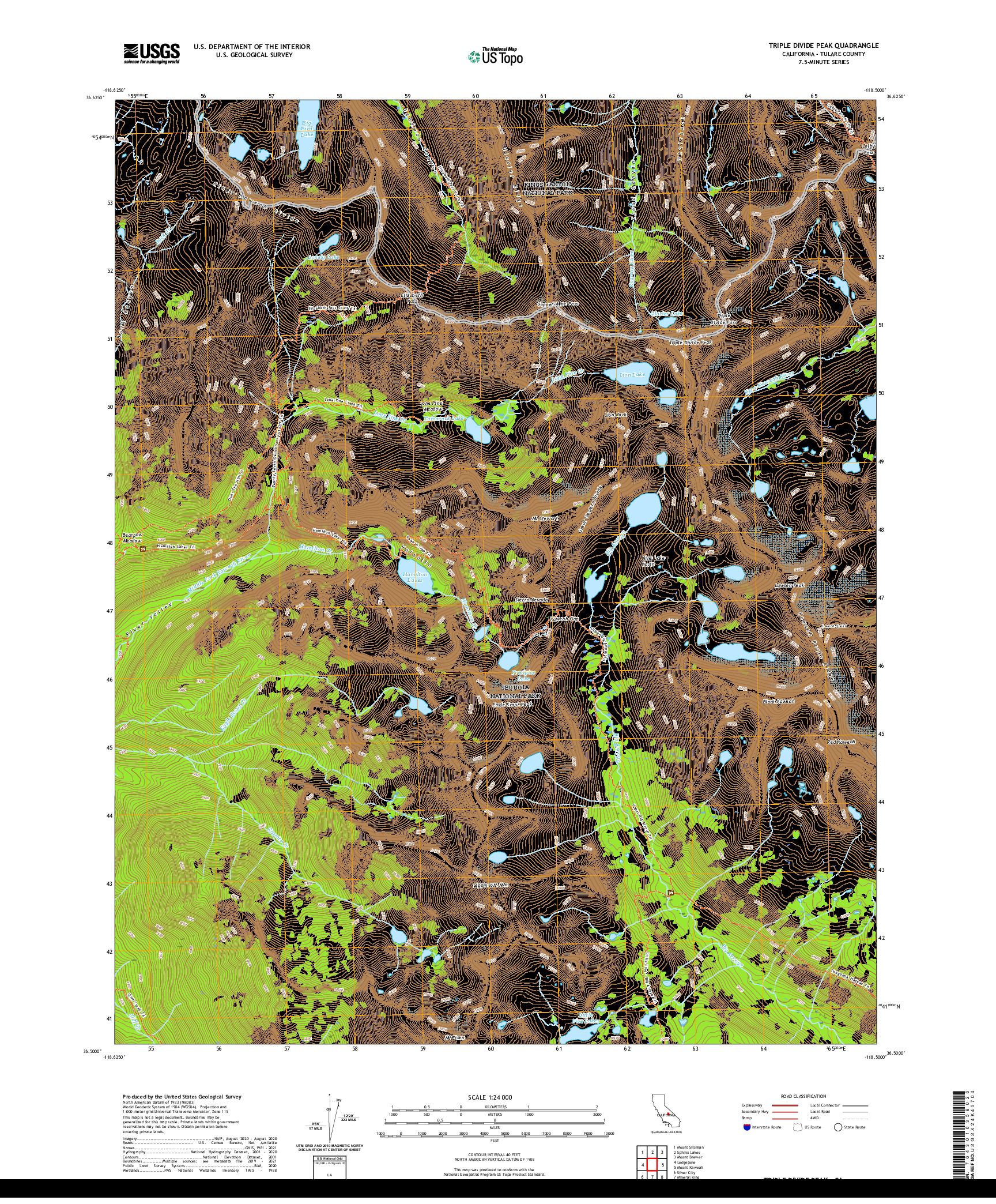 US TOPO 7.5-MINUTE MAP FOR TRIPLE DIVIDE PEAK, CA