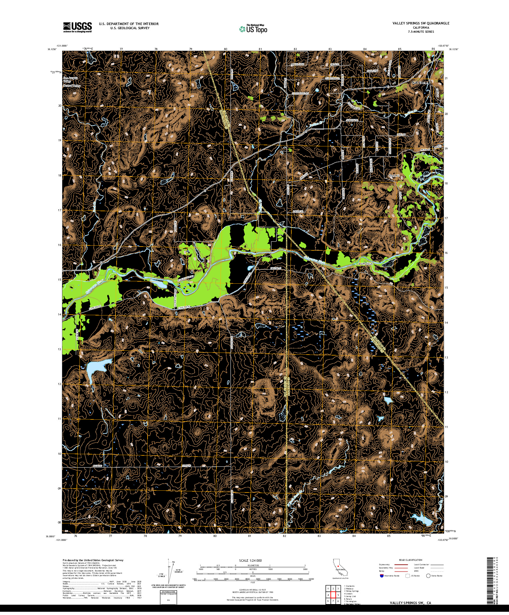US TOPO 7.5-MINUTE MAP FOR VALLEY SPRINGS SW, CA