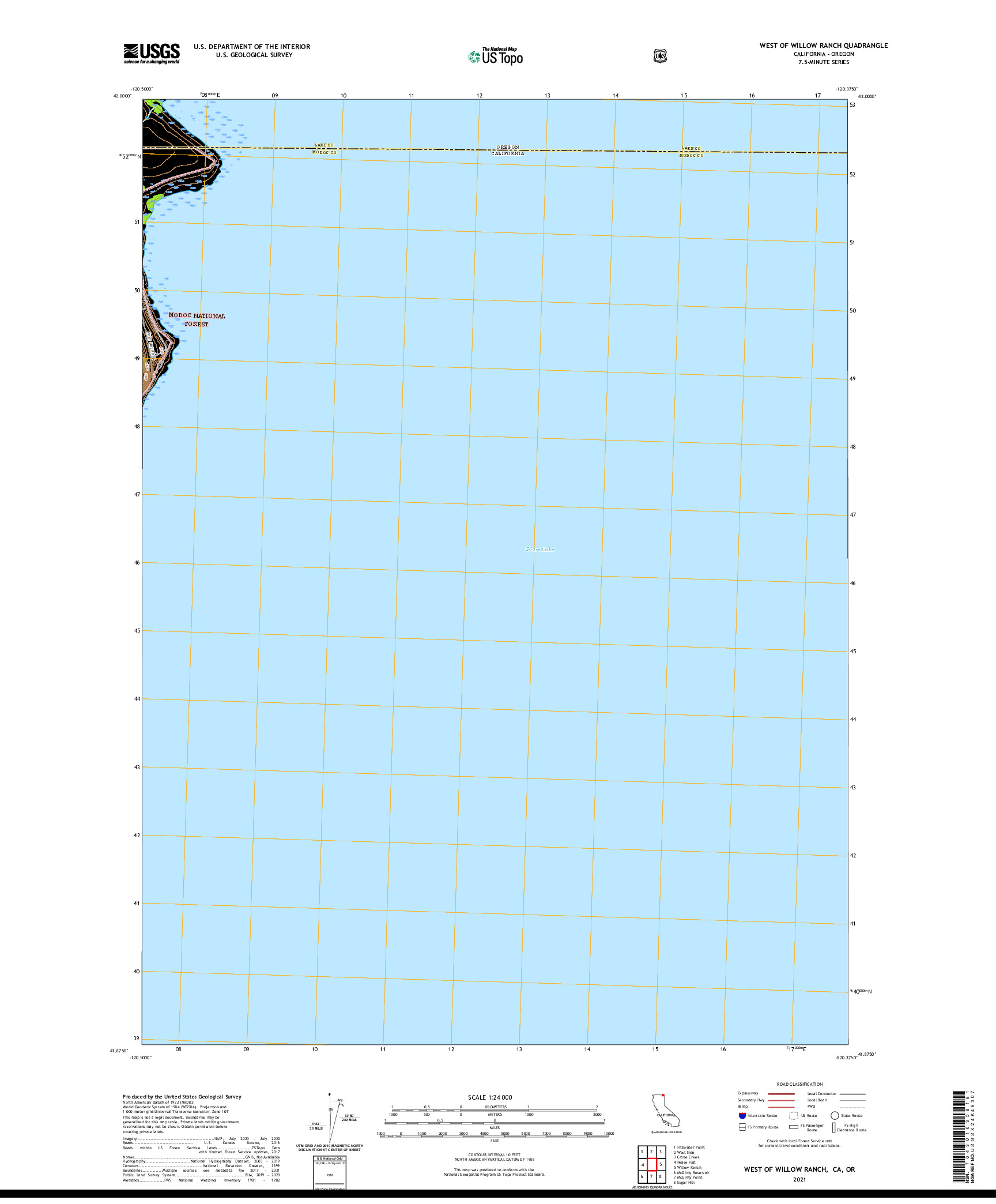 US TOPO 7.5-MINUTE MAP FOR WEST OF WILLOW RANCH, CA,OR