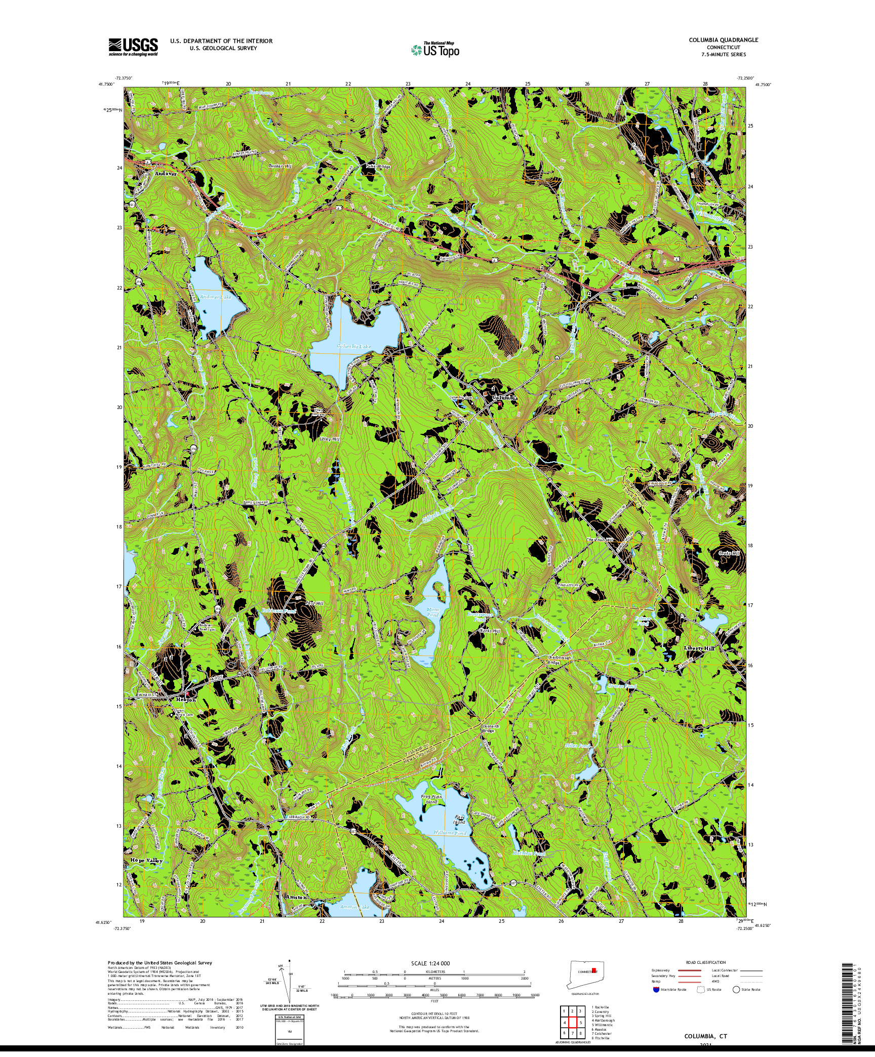 USGS US TOPO 7.5-MINUTE MAP FOR COLUMBIA, CT 2021