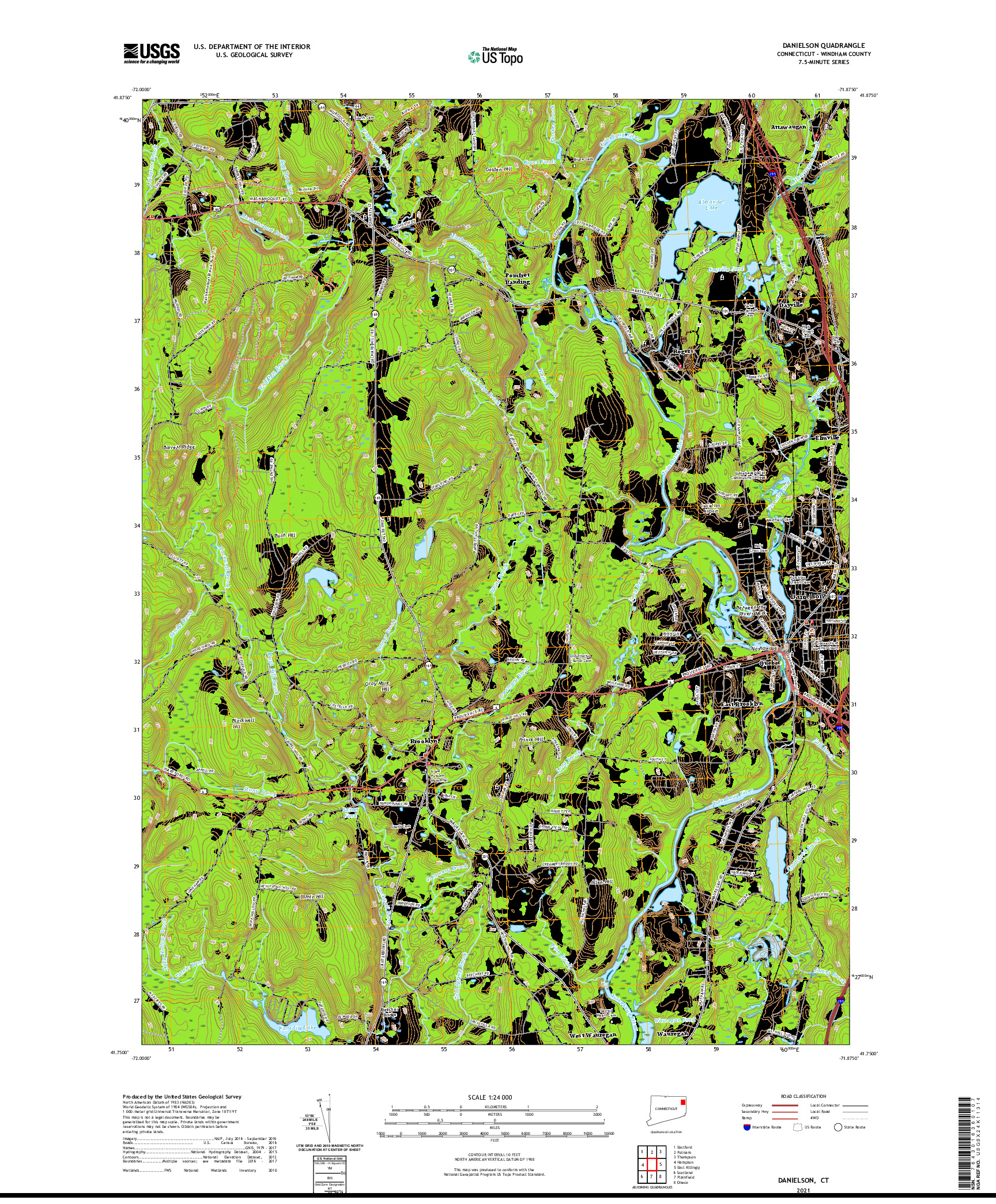 USGS US TOPO 7.5-MINUTE MAP FOR DANIELSON, CT 2021