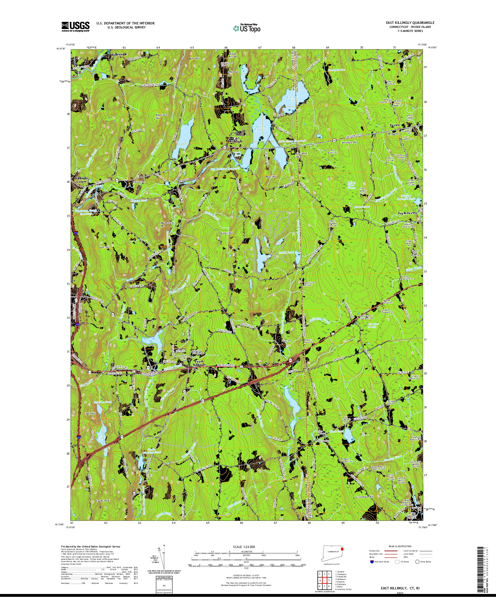 USGS US TOPO 7.5-MINUTE MAP FOR EAST KILLINGLY, CT,RI 2021