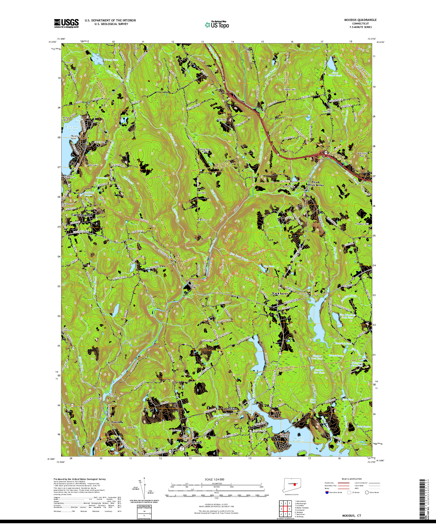 USGS US TOPO 7.5-MINUTE MAP FOR MOODUS, CT 2021