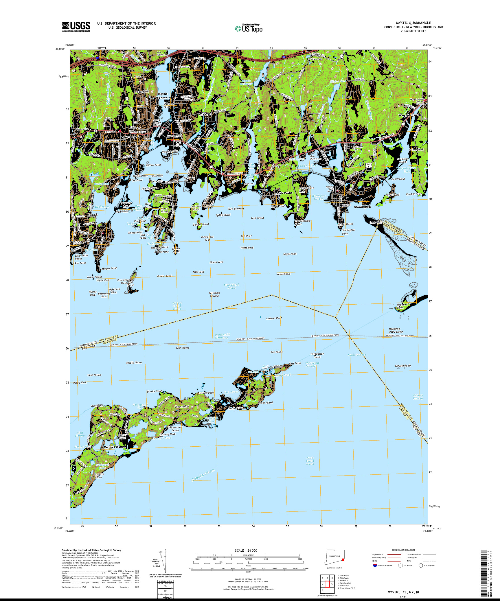 USGS US TOPO 7.5-MINUTE MAP FOR MYSTIC, CT,NY,RI 2021