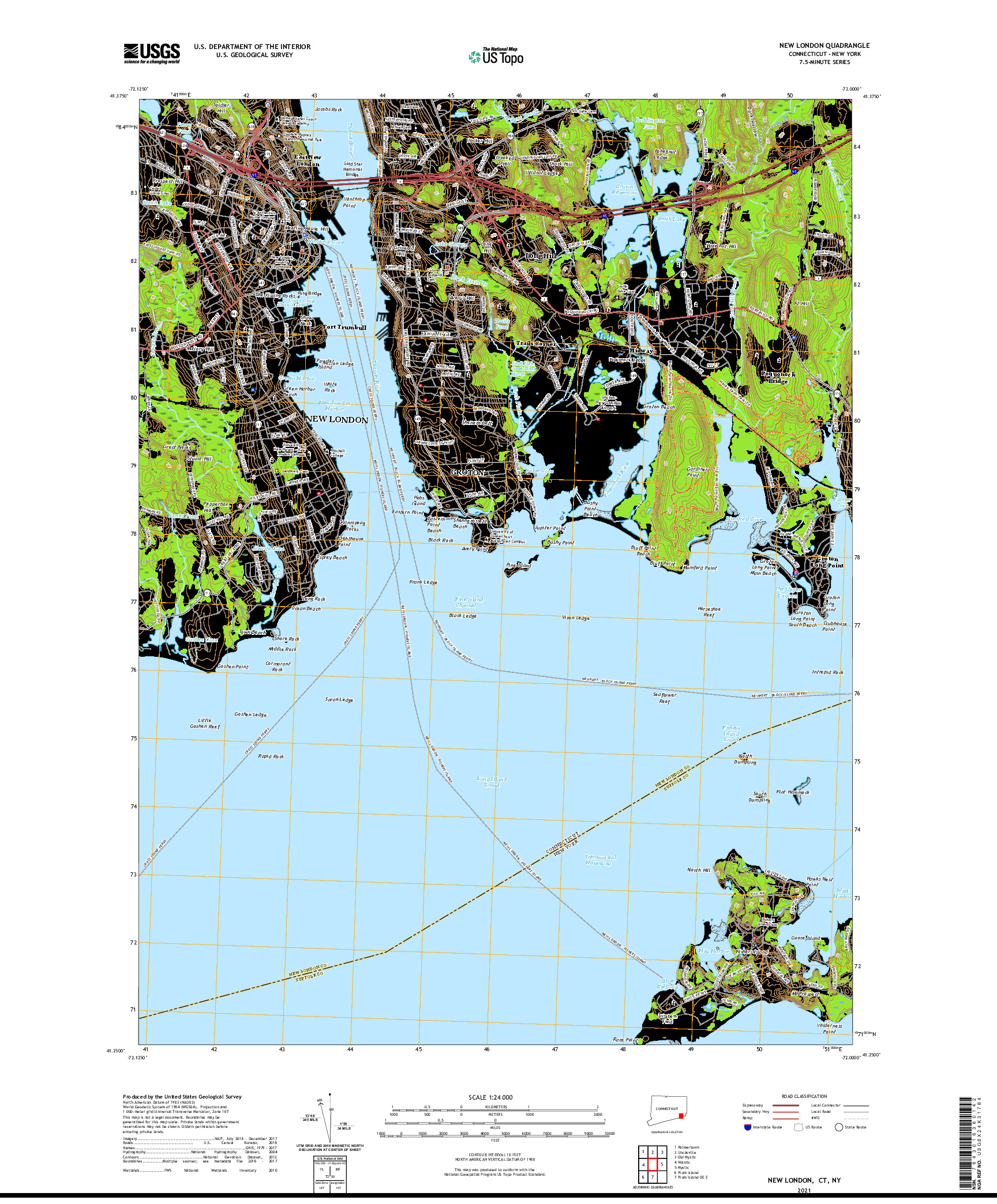 USGS US TOPO 7.5-MINUTE MAP FOR NEW LONDON, CT,NY 2021