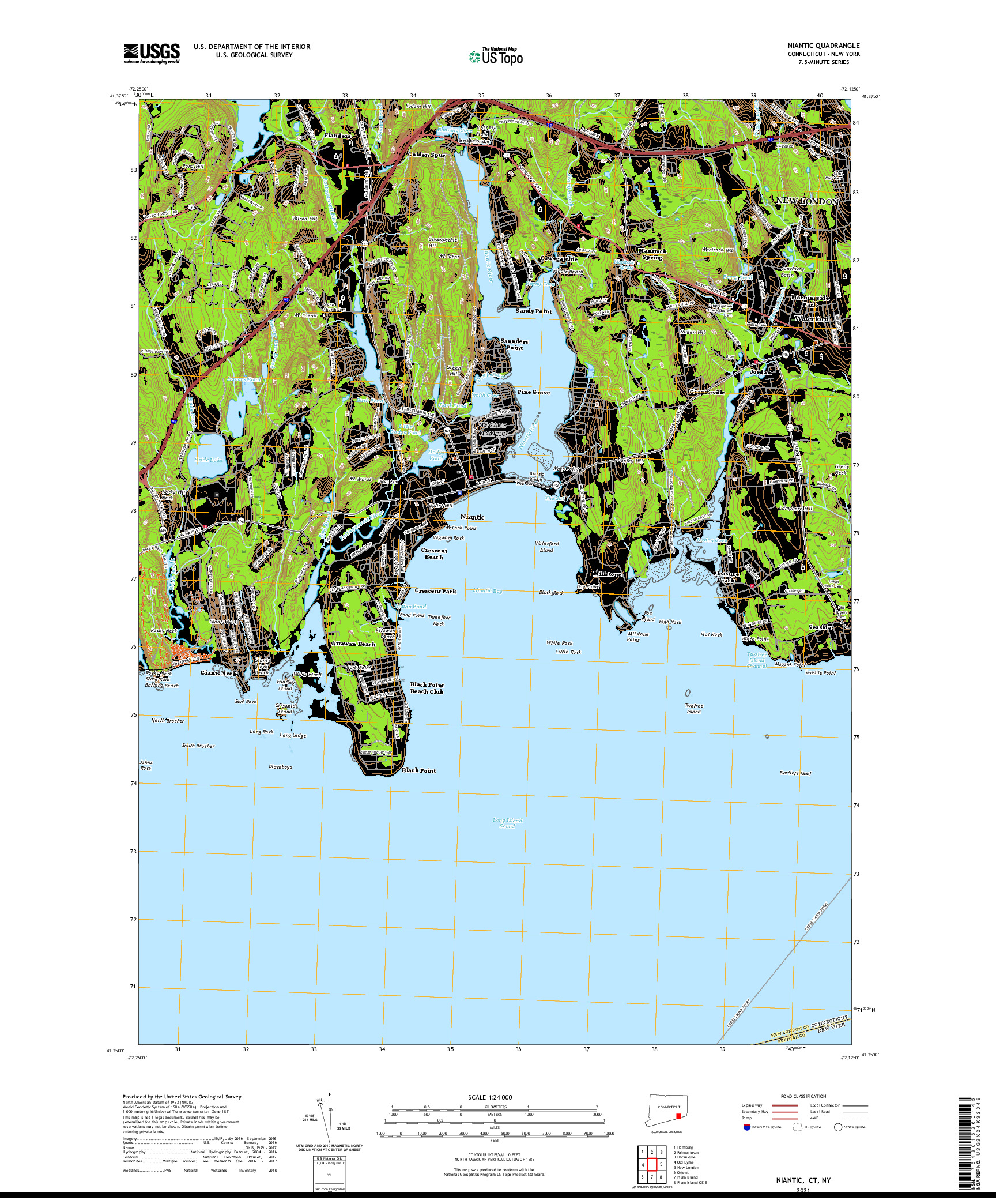 USGS US TOPO 7.5-MINUTE MAP FOR NIANTIC, CT,NY 2021