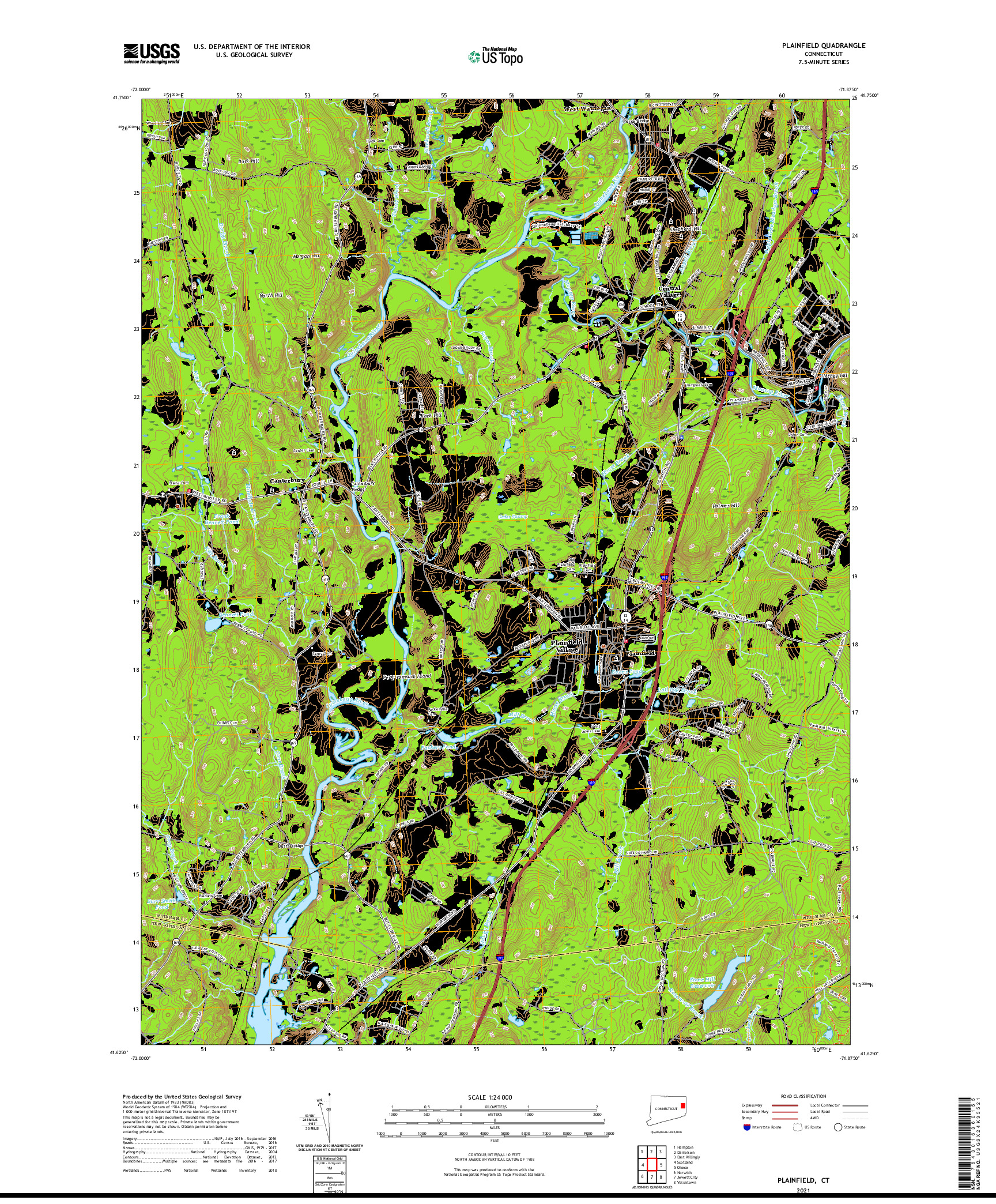 USGS US TOPO 7.5-MINUTE MAP FOR PLAINFIELD, CT 2021