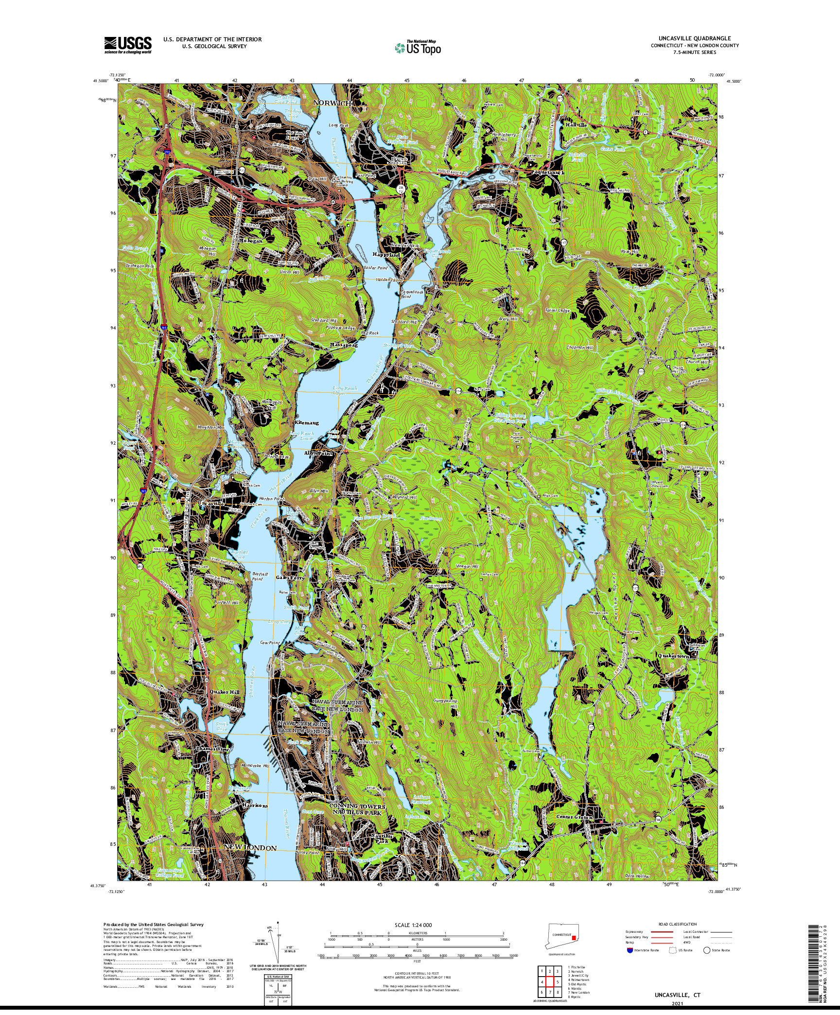 USGS US TOPO 7.5-MINUTE MAP FOR UNCASVILLE, CT 2021