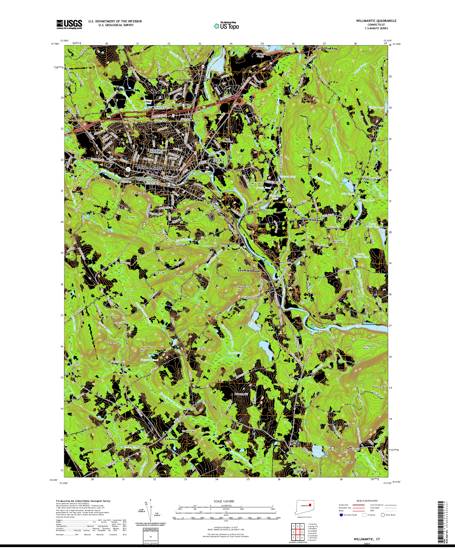 USGS US TOPO 7.5-MINUTE MAP FOR WILLIMANTIC, CT 2021