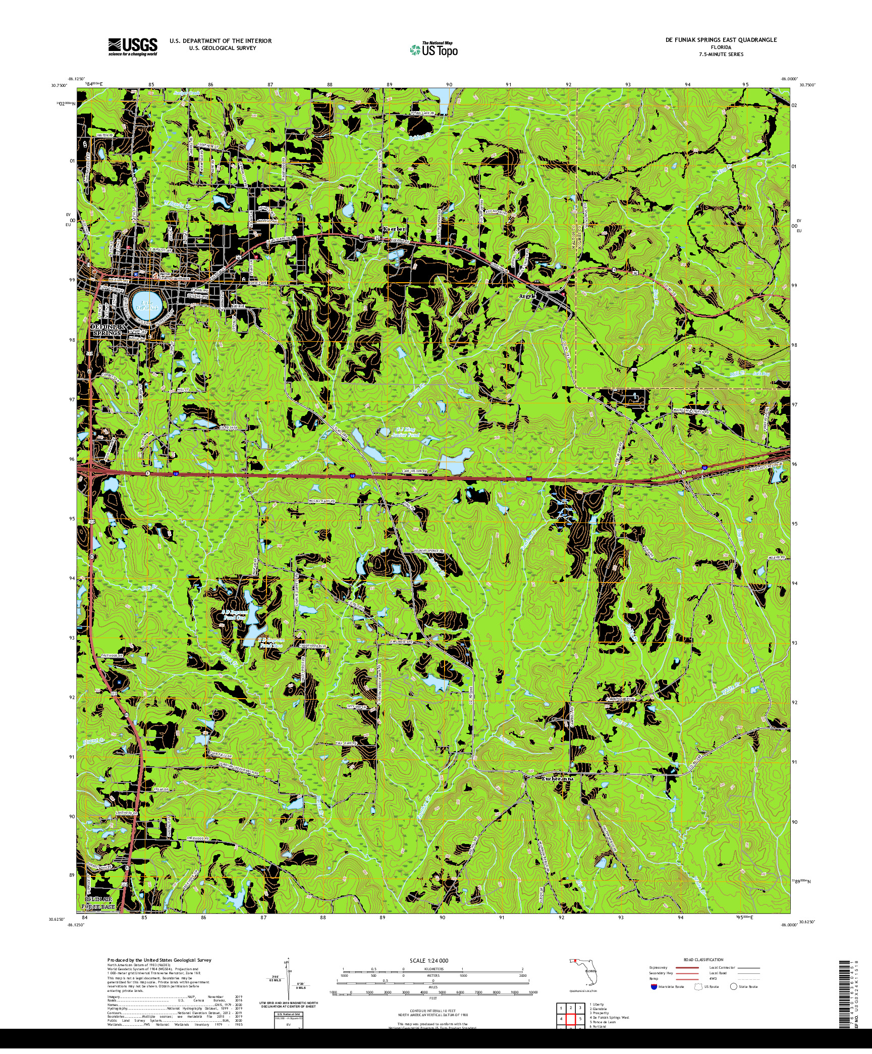 USGS US TOPO 7.5-MINUTE MAP FOR DE FUNIAK SPRINGS EAST, FL 2021