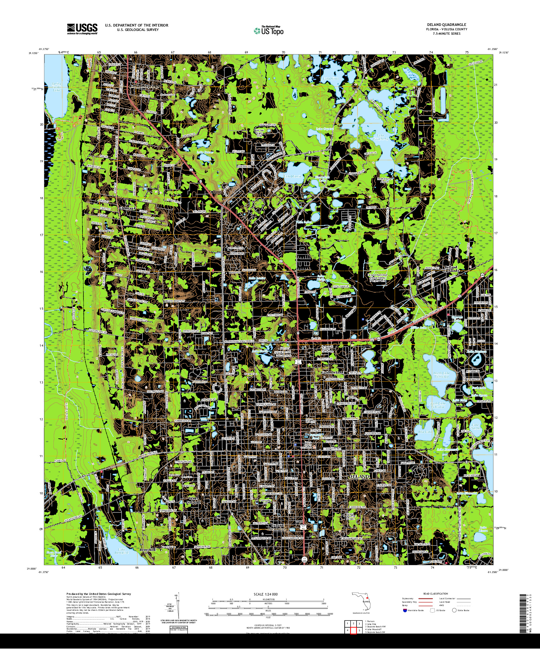 USGS US TOPO 7.5-MINUTE MAP FOR DELAND, FL 2021