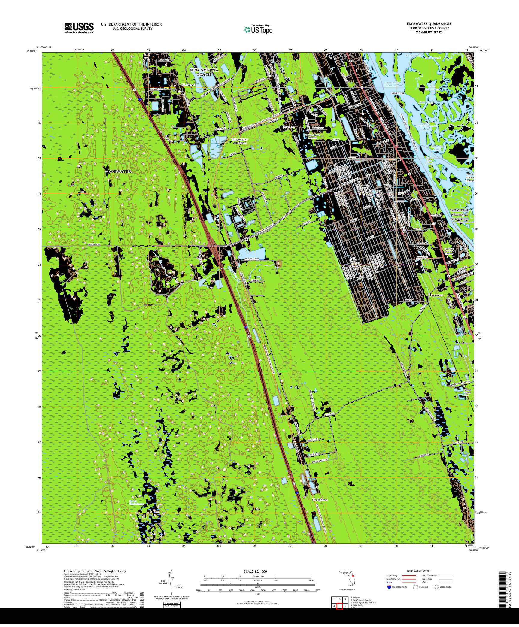 USGS US TOPO 7.5-MINUTE MAP FOR EDGEWATER, FL 2021