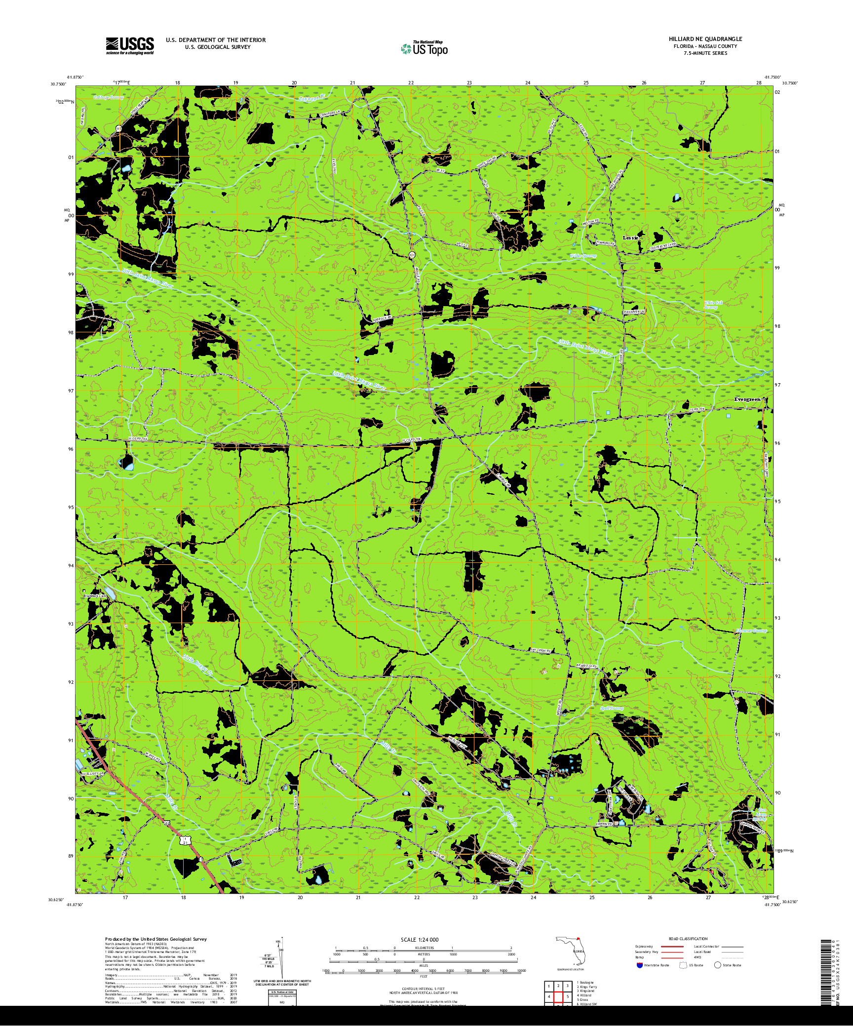 USGS US TOPO 7.5-MINUTE MAP FOR HILLIARD NE, FL 2021