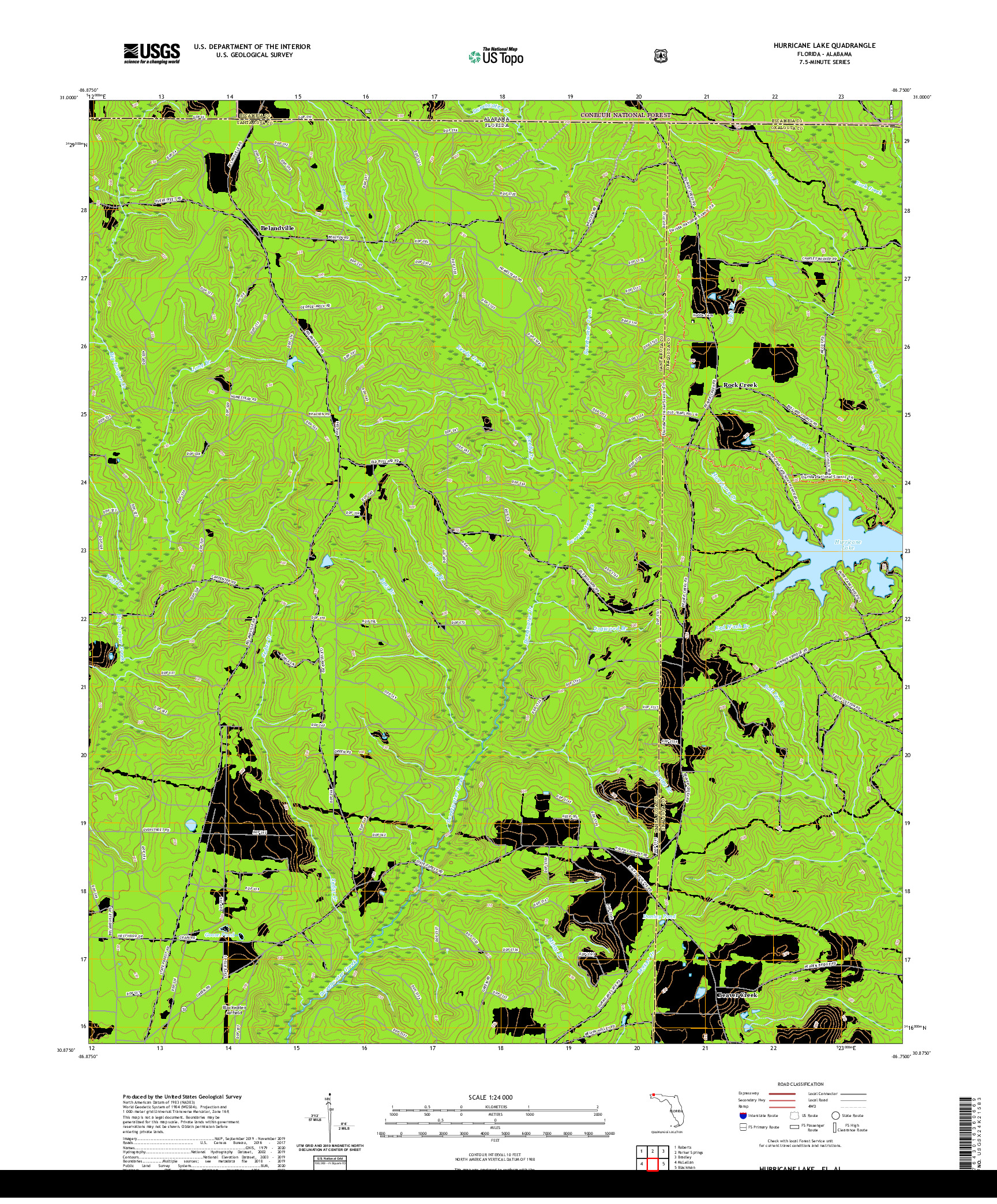 USGS US TOPO 7.5-MINUTE MAP FOR HURRICANE LAKE, FL,AL 2021