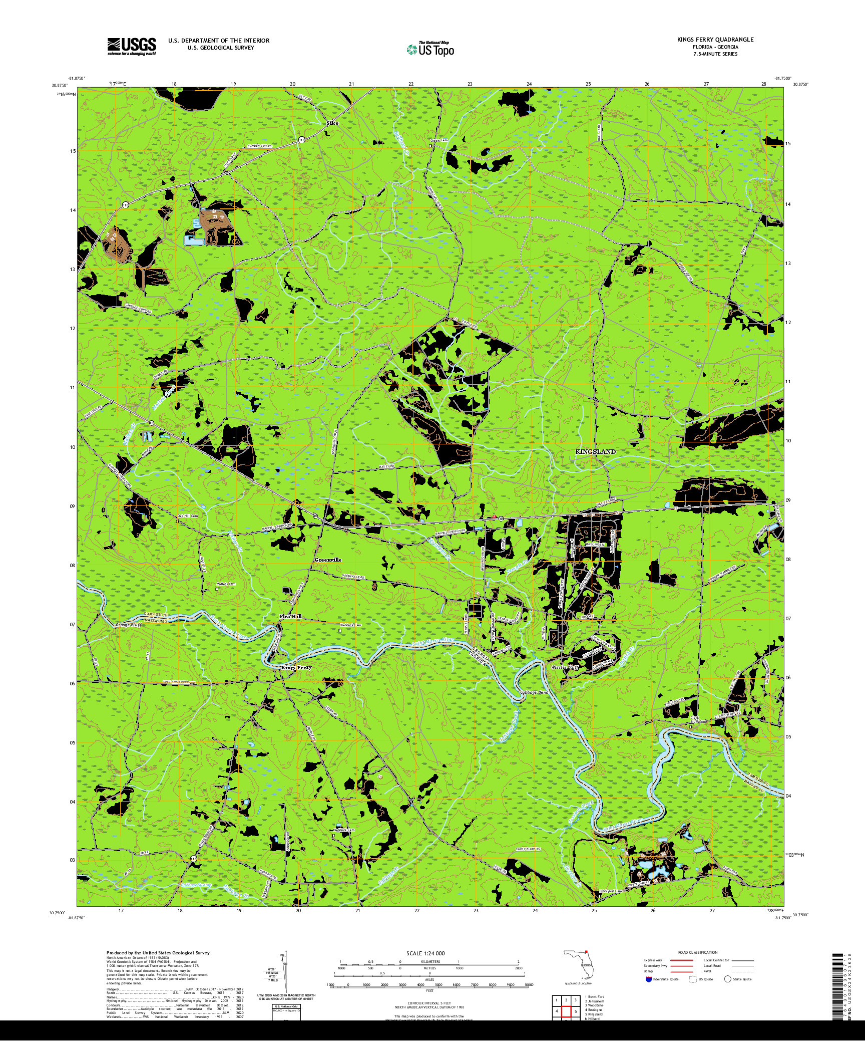 USGS US TOPO 7.5-MINUTE MAP FOR KINGS FERRY, FL,GA 2021