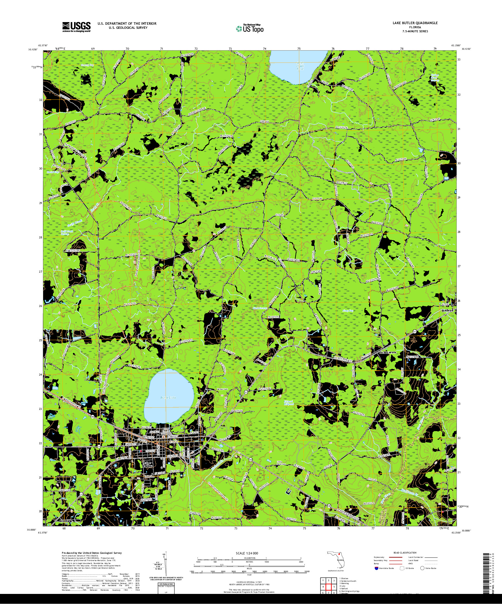 USGS US TOPO 7.5-MINUTE MAP FOR LAKE BUTLER, FL 2021