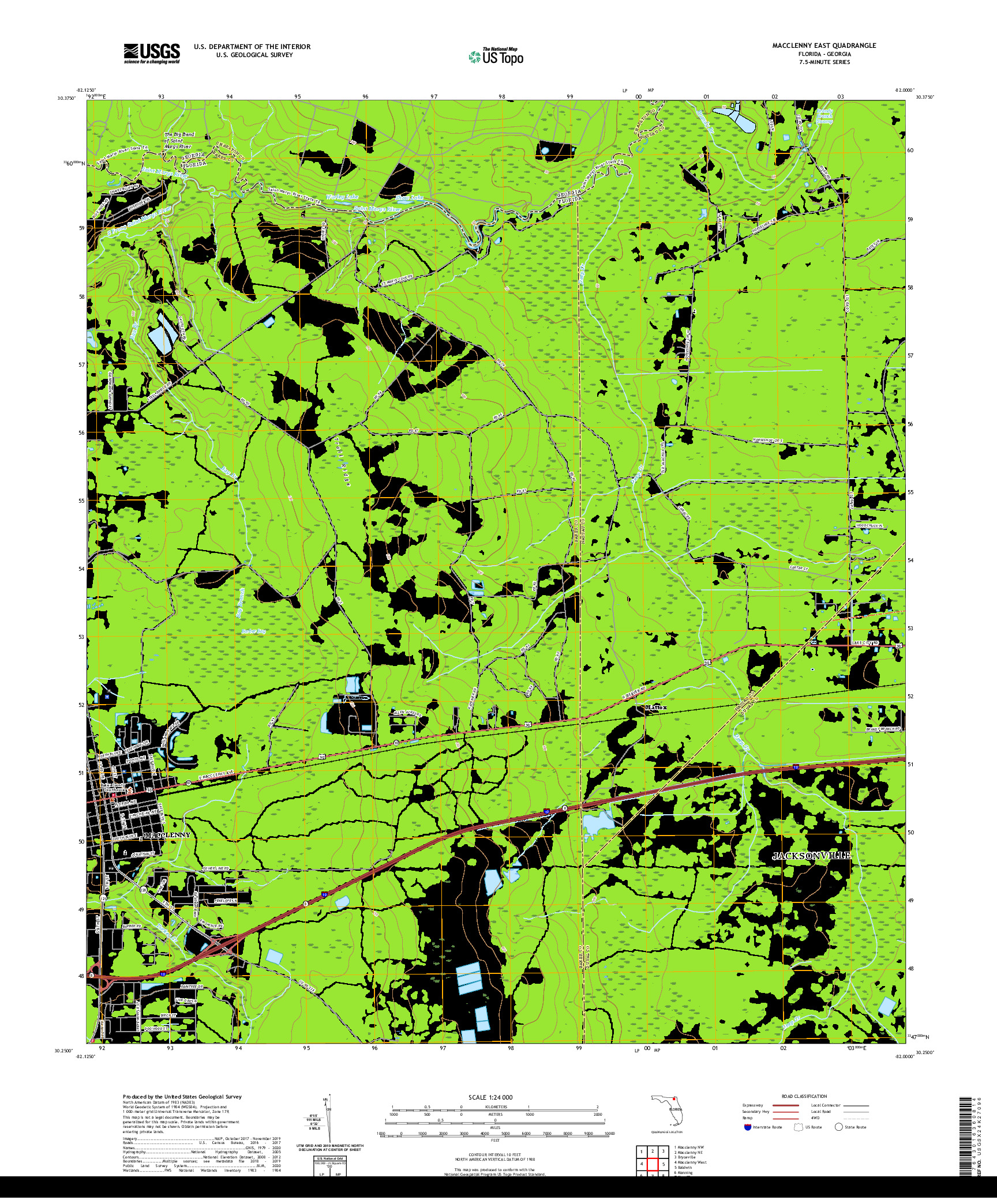 USGS US TOPO 7.5-MINUTE MAP FOR MACCLENNY EAST, FL,GA 2021