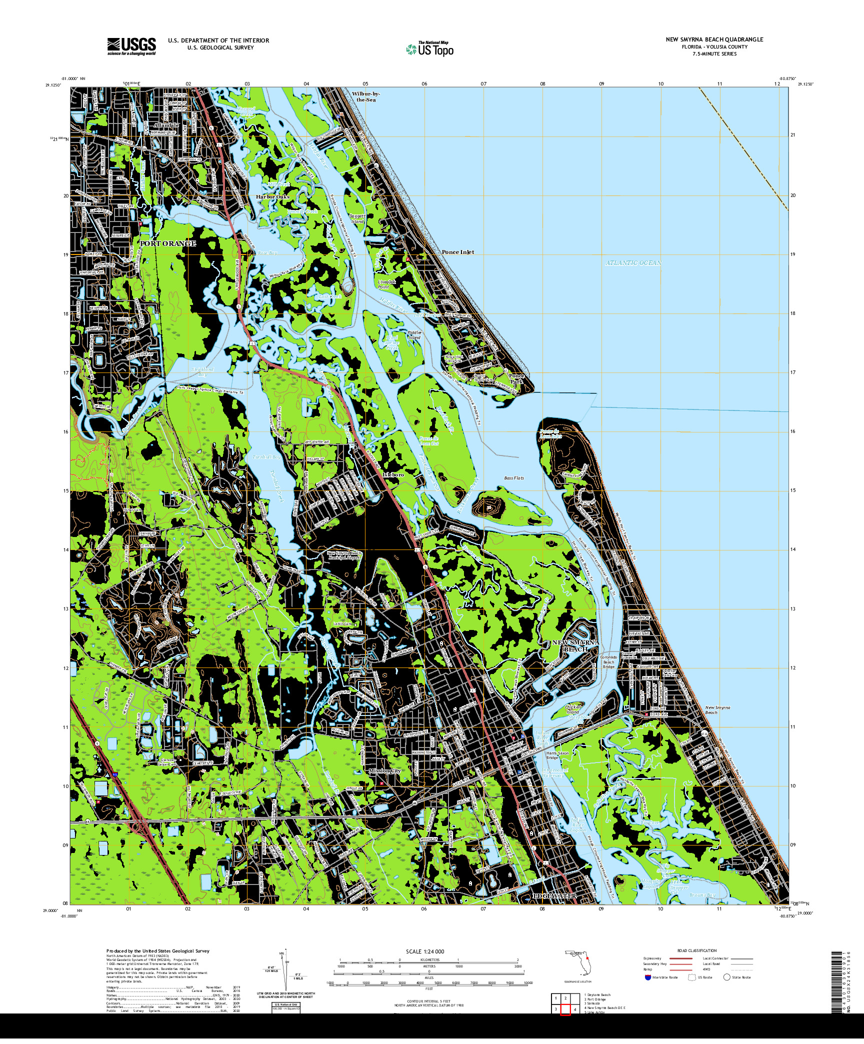 USGS US TOPO 7.5-MINUTE MAP FOR NEW SMYRNA BEACH, FL 2021